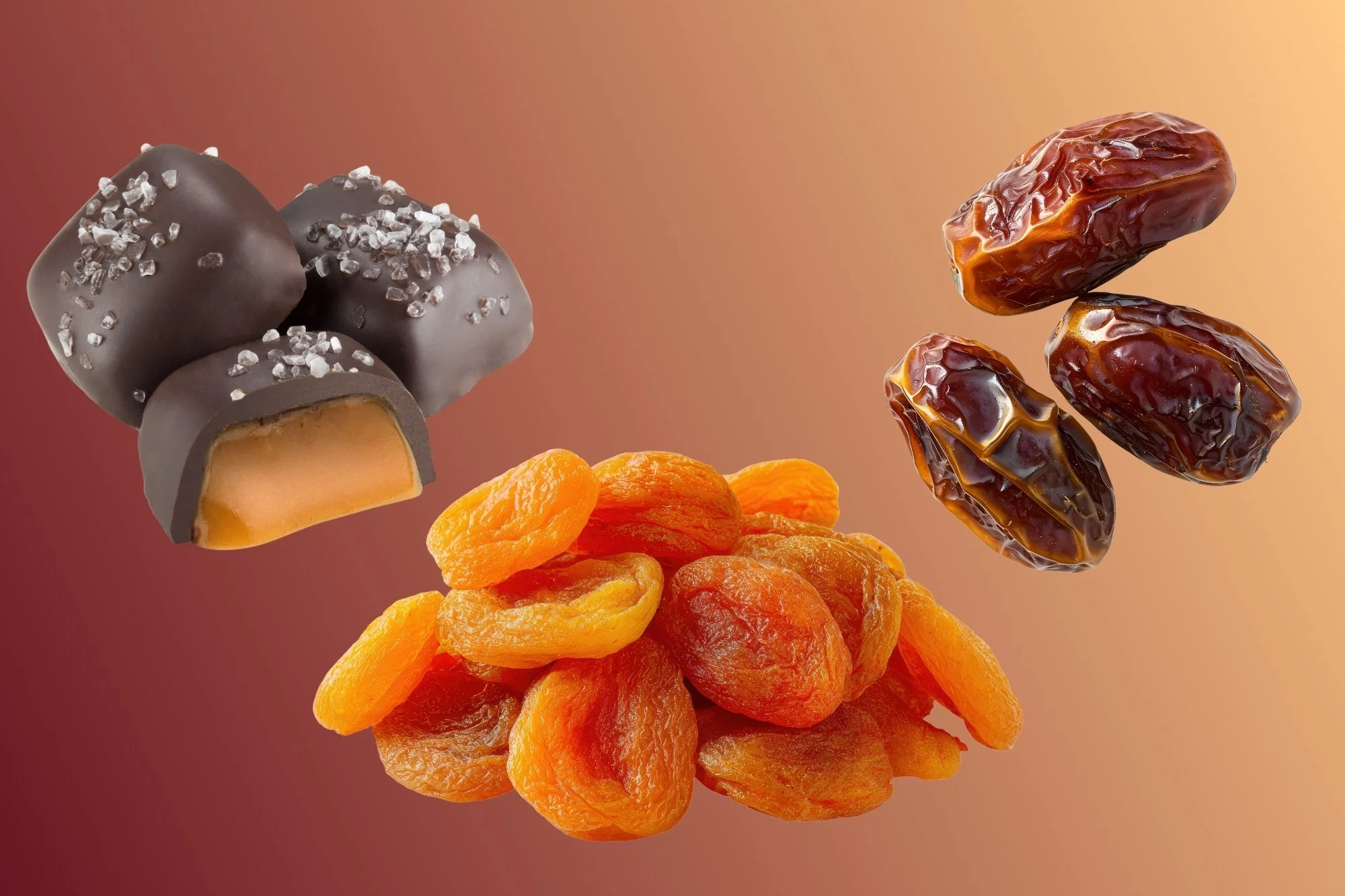 Chocolate sea salt caramels, apricots and dates