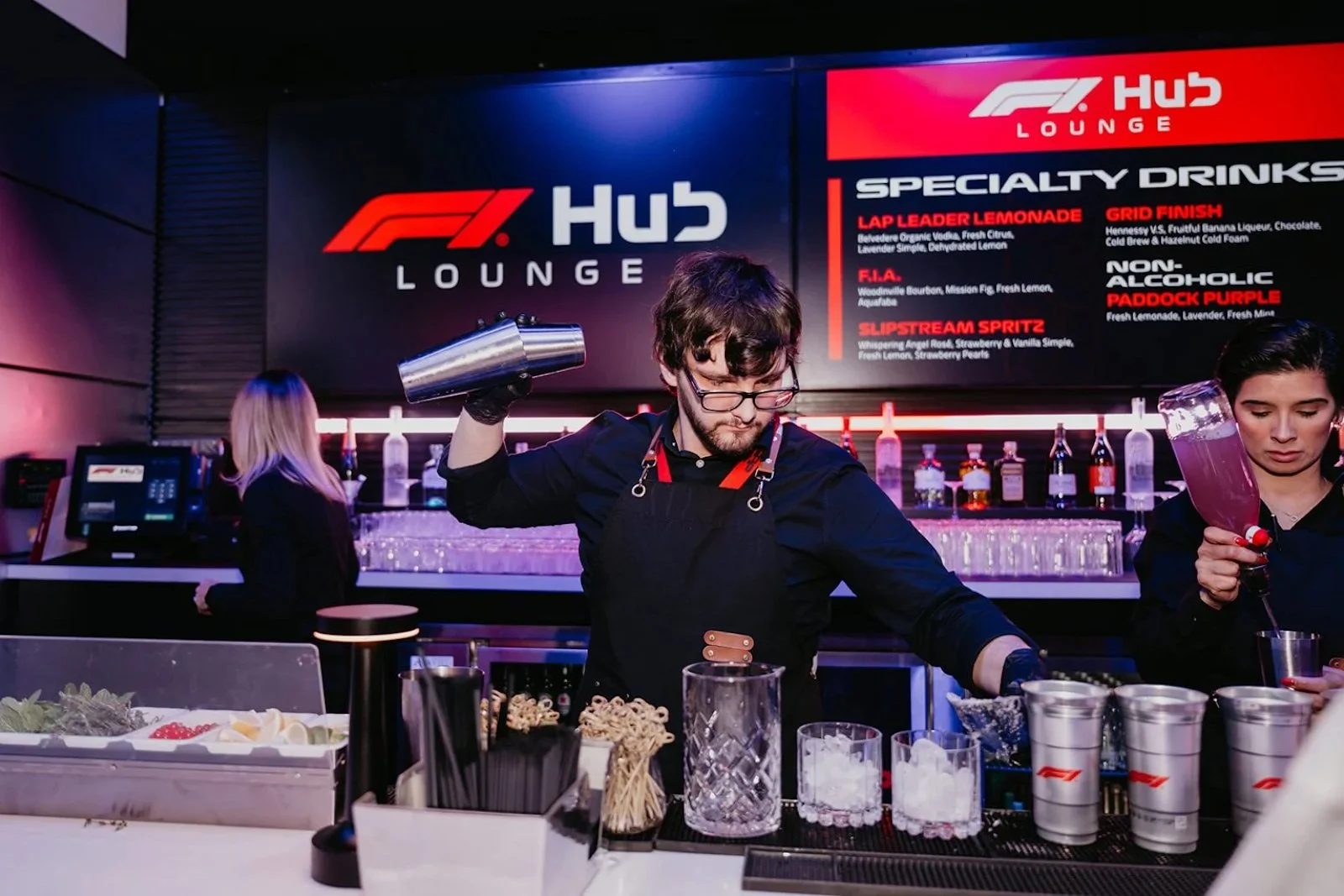 Shaking cocktails at the F1 Hub Lounge in Las Vegas