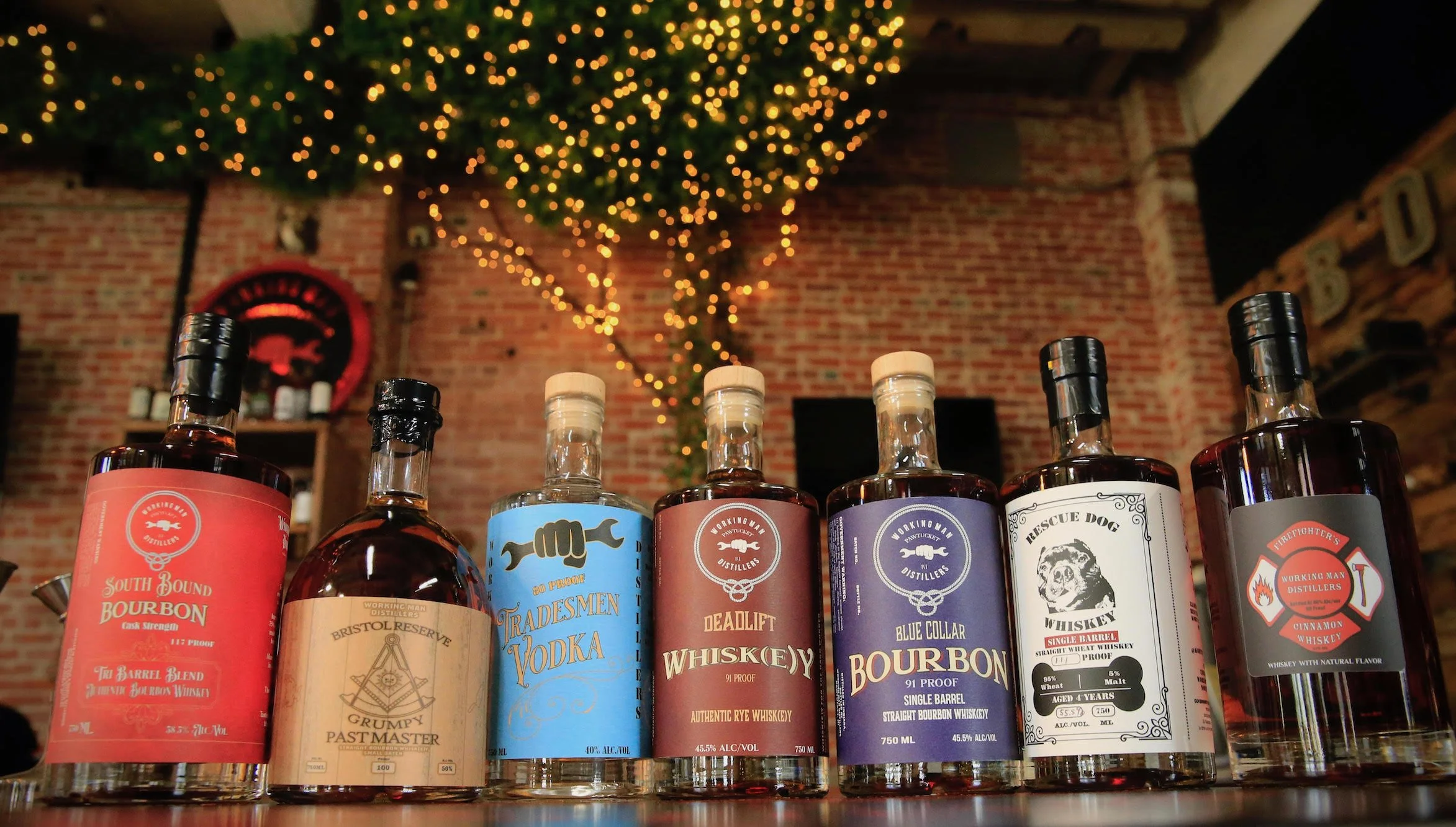 Line of whiskeys at Working Man Distillers, Pawtucket