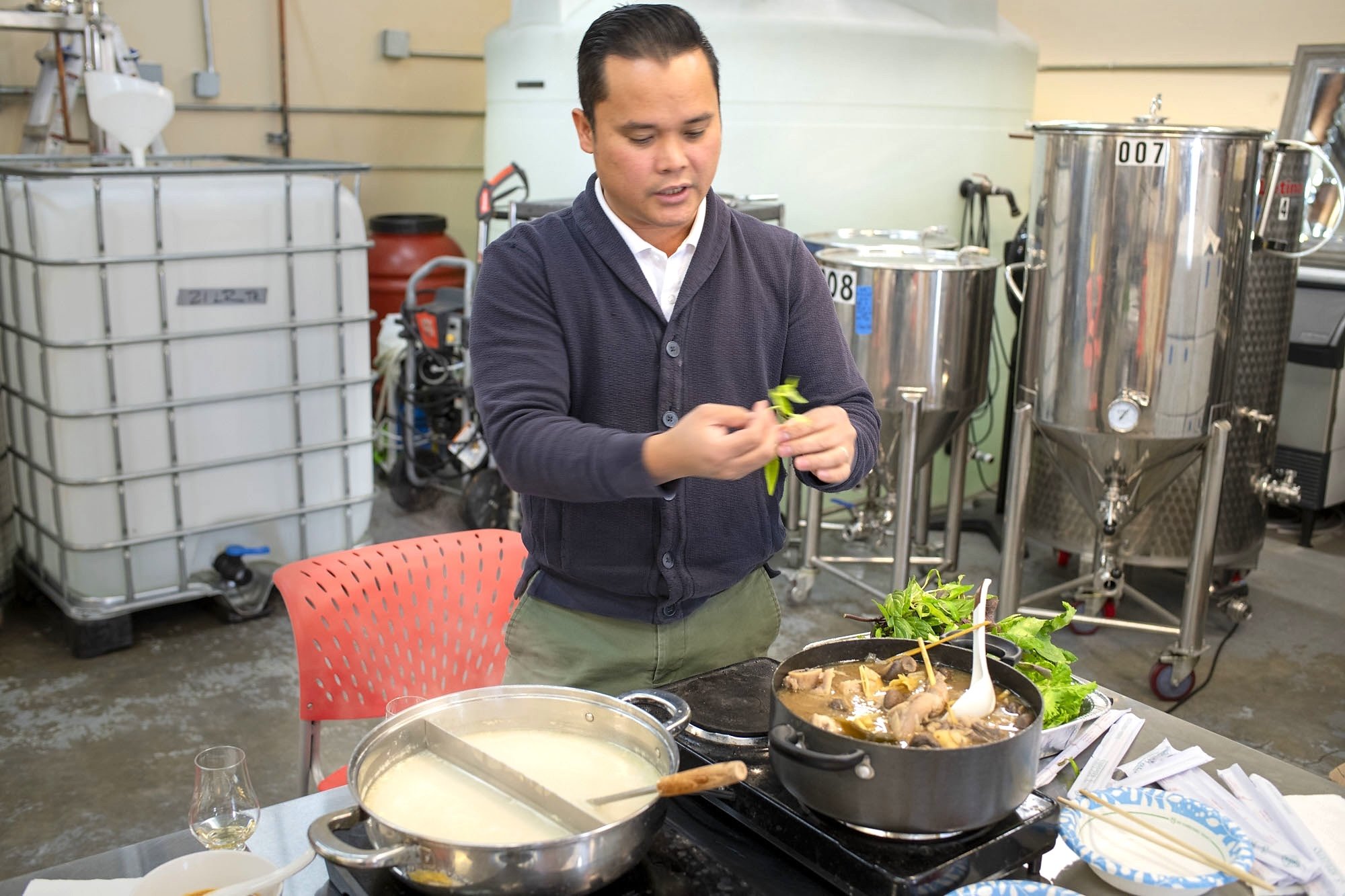 Binh Dao utilizes effluent from the distilling process in hot pot soup for flavor