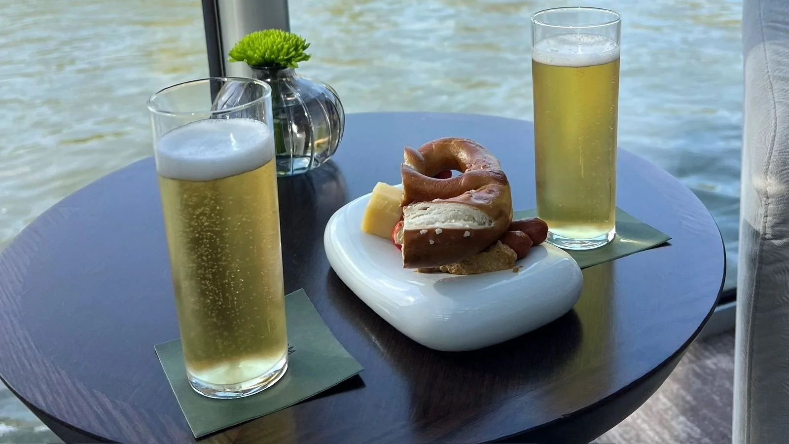 Kölsch and some German pretzels on board the Debussy cruise