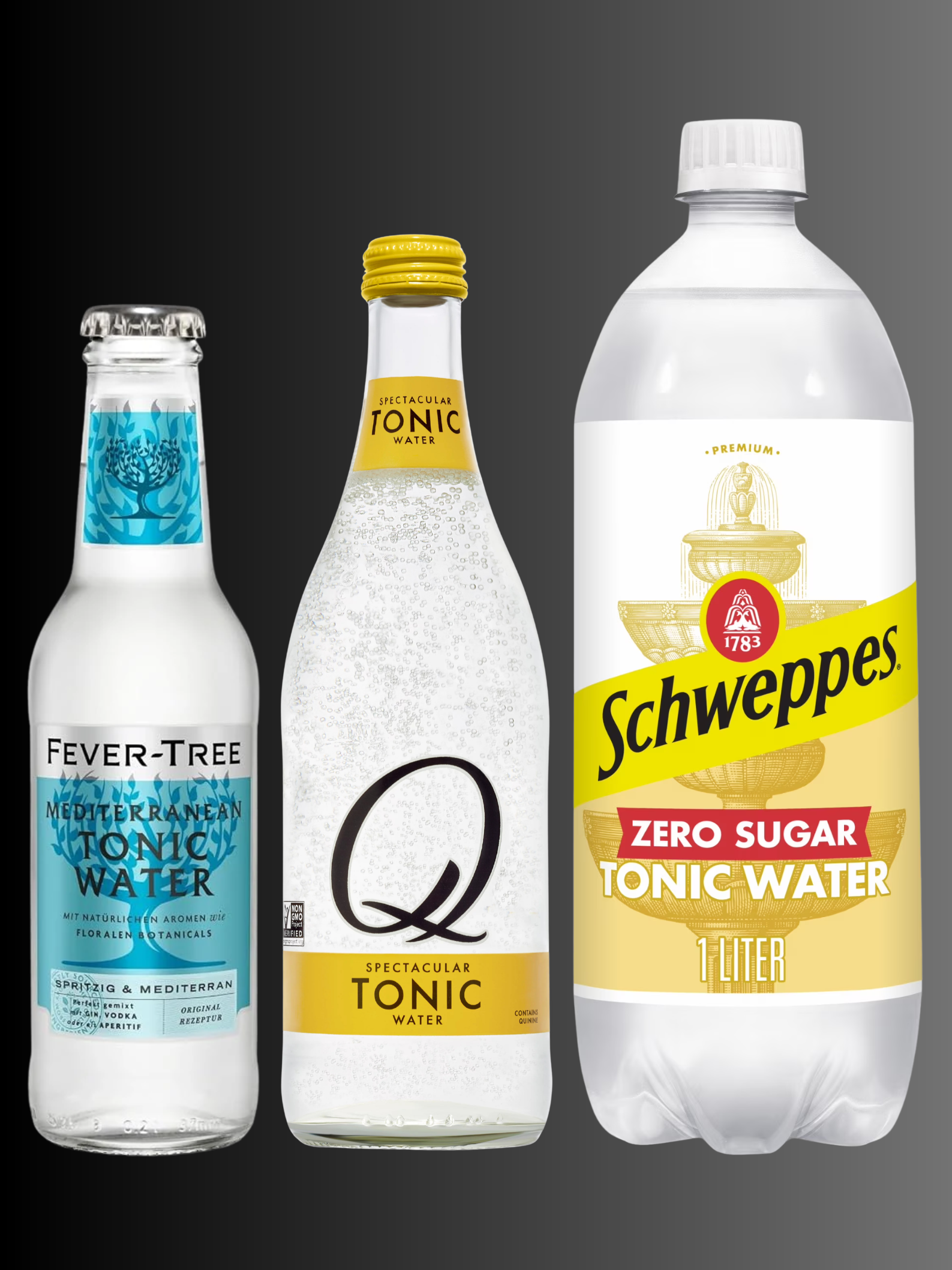 Fever-Tree Mediterranean Tonic, Q Tonic and Schweppes Tonic Water
