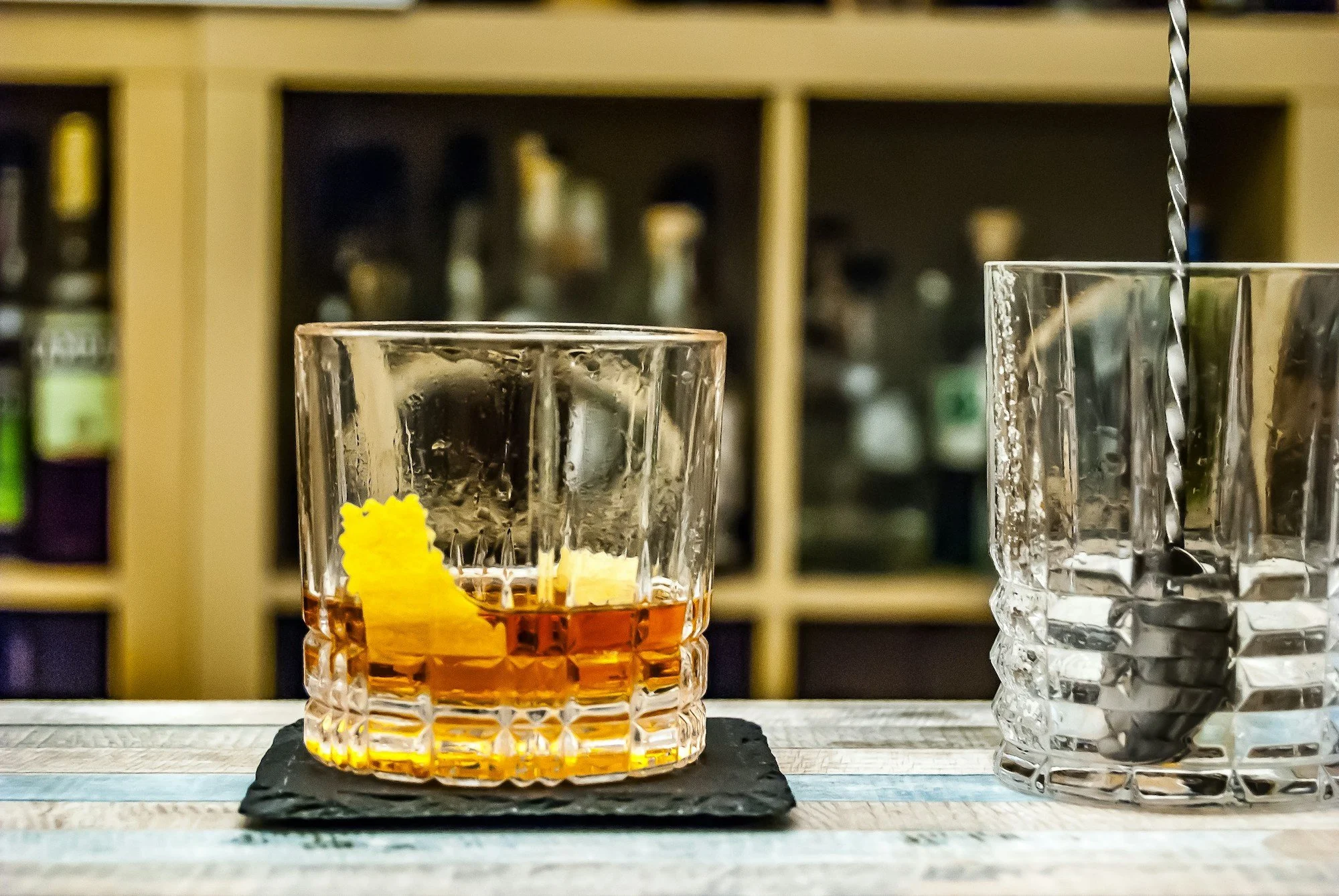 Sazerac with a split base of rye and Cognac