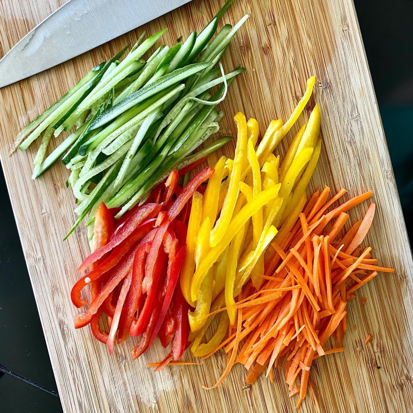 Prepping for rainbow 🌈 spring rolls.  Good opportunity to work on the julienne knife cut.  It&rsquo;s the secret to creating soft, thin, and pliable veggies so your spring roll wrapper doesn&rsquo;t break upon rolling if you tend to over stuff those