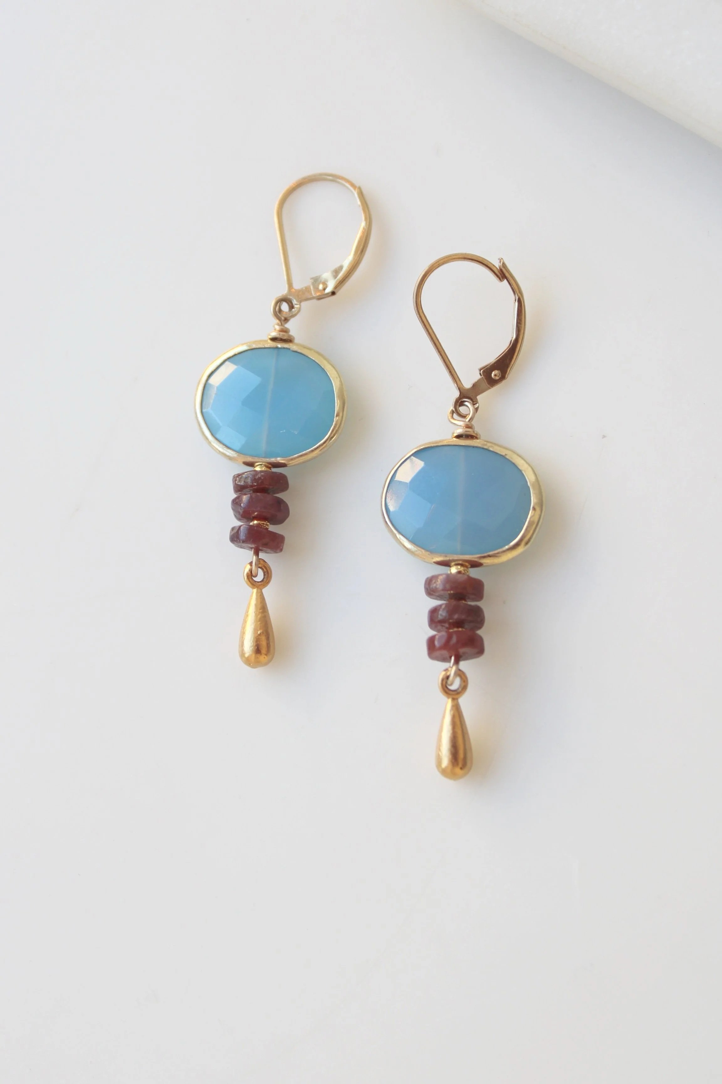 Riverstone Chalcedony and Ruby Golden Drop Earrings