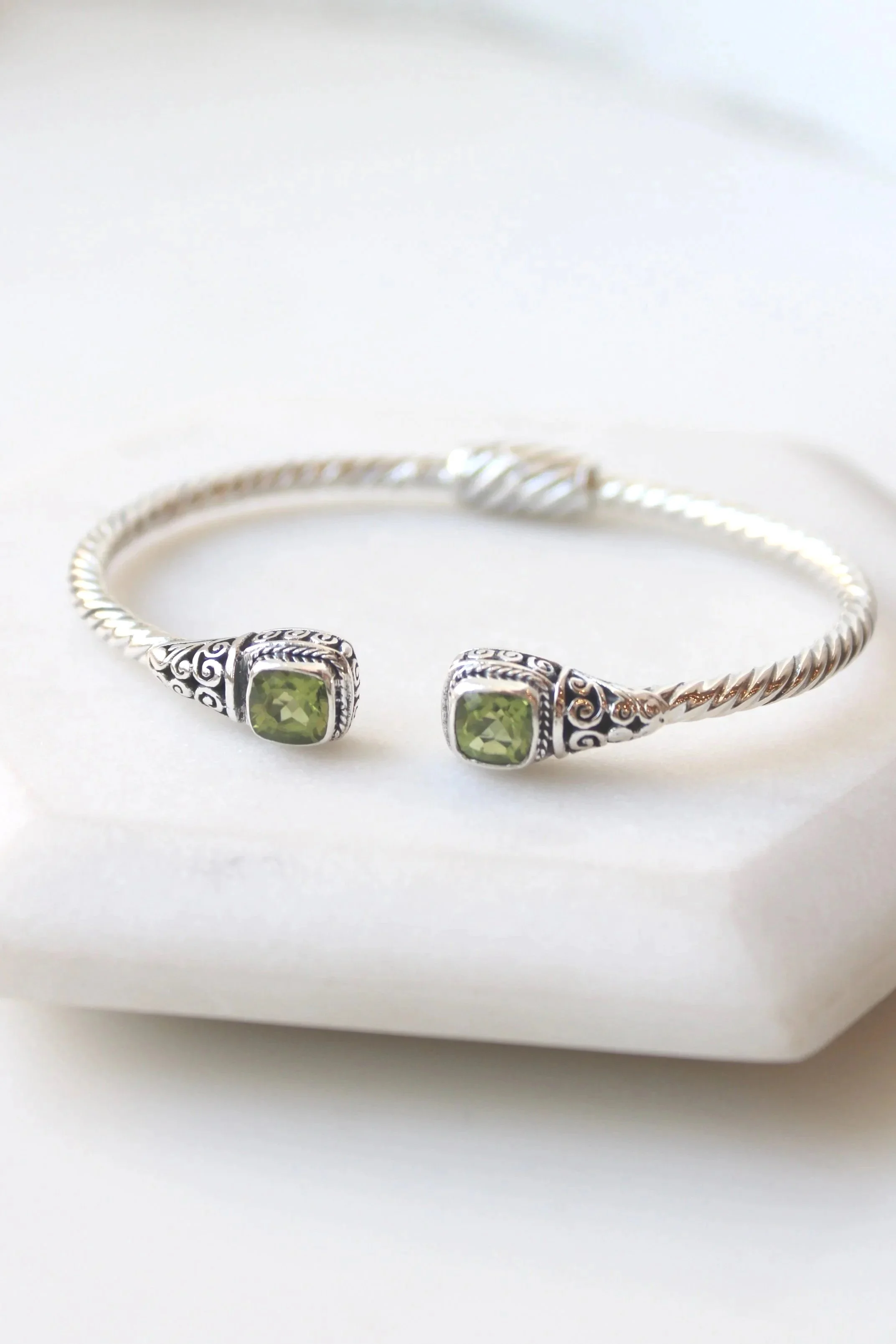 Sterling Silver Peridot Balinese Cable Cuff Bracelet Square