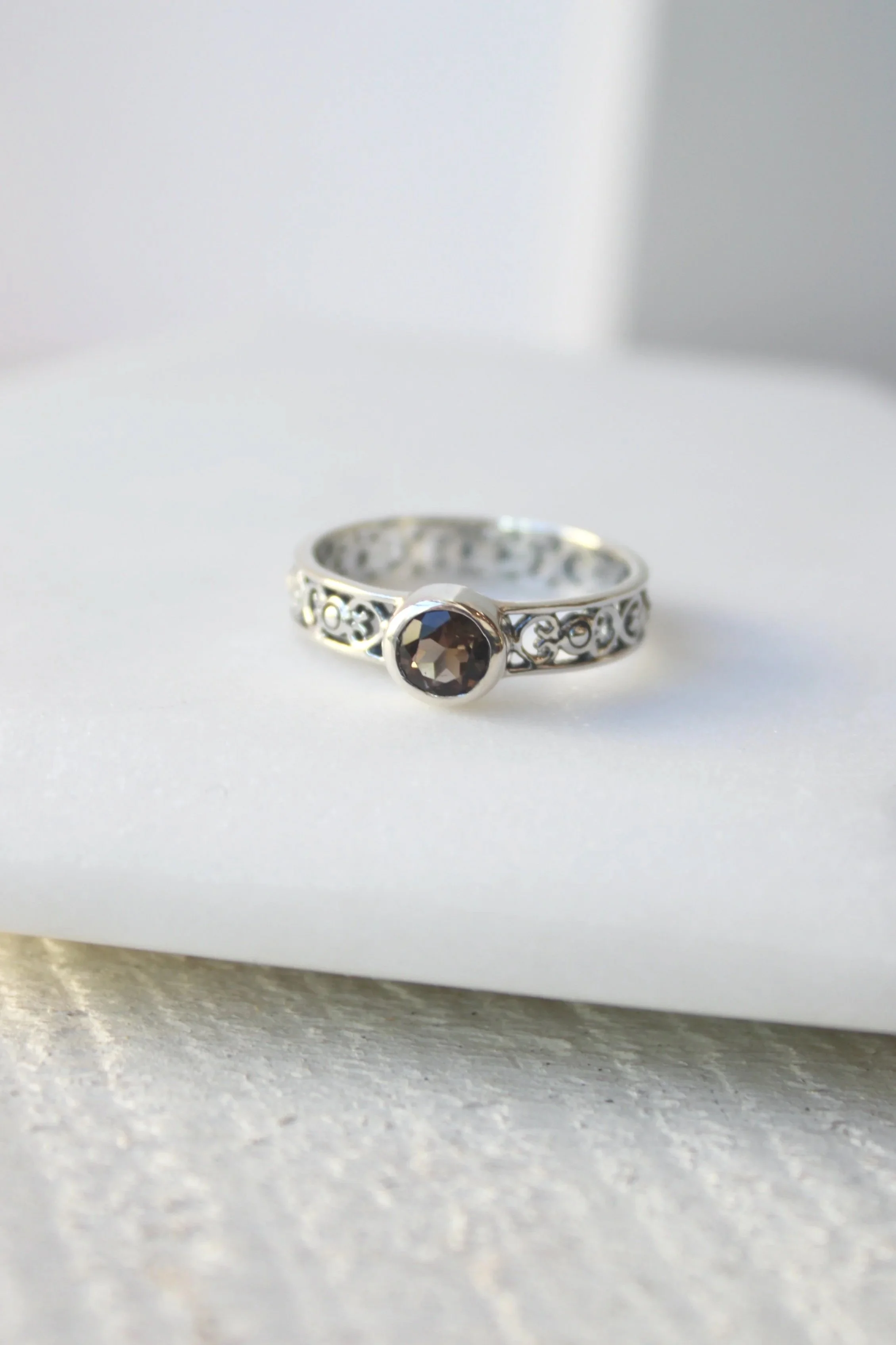 Smoky Quartz Detailed Band Ring