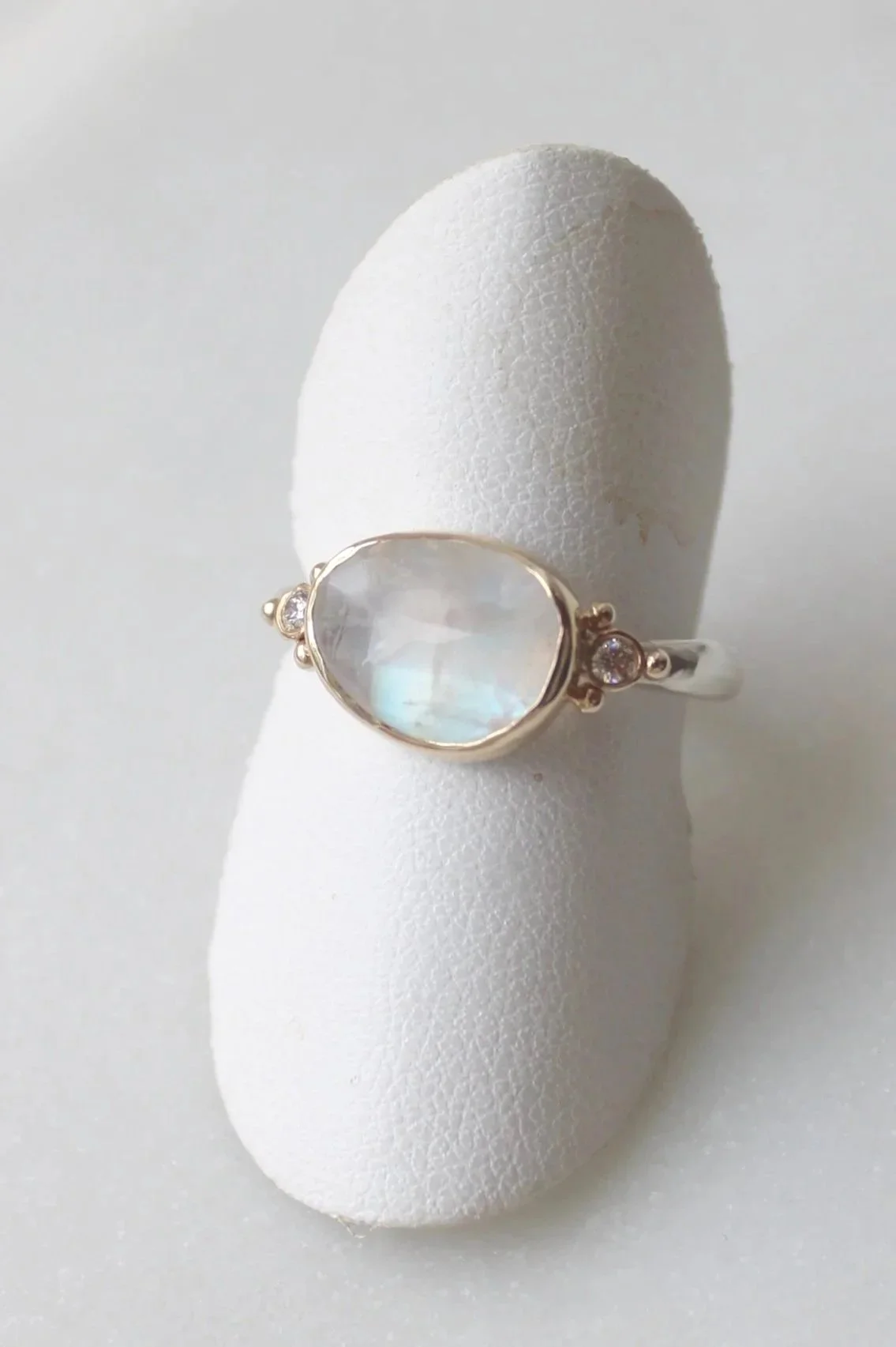 Emily Amey 14k Rosecut Rainbow Moonstone Diamond Ring