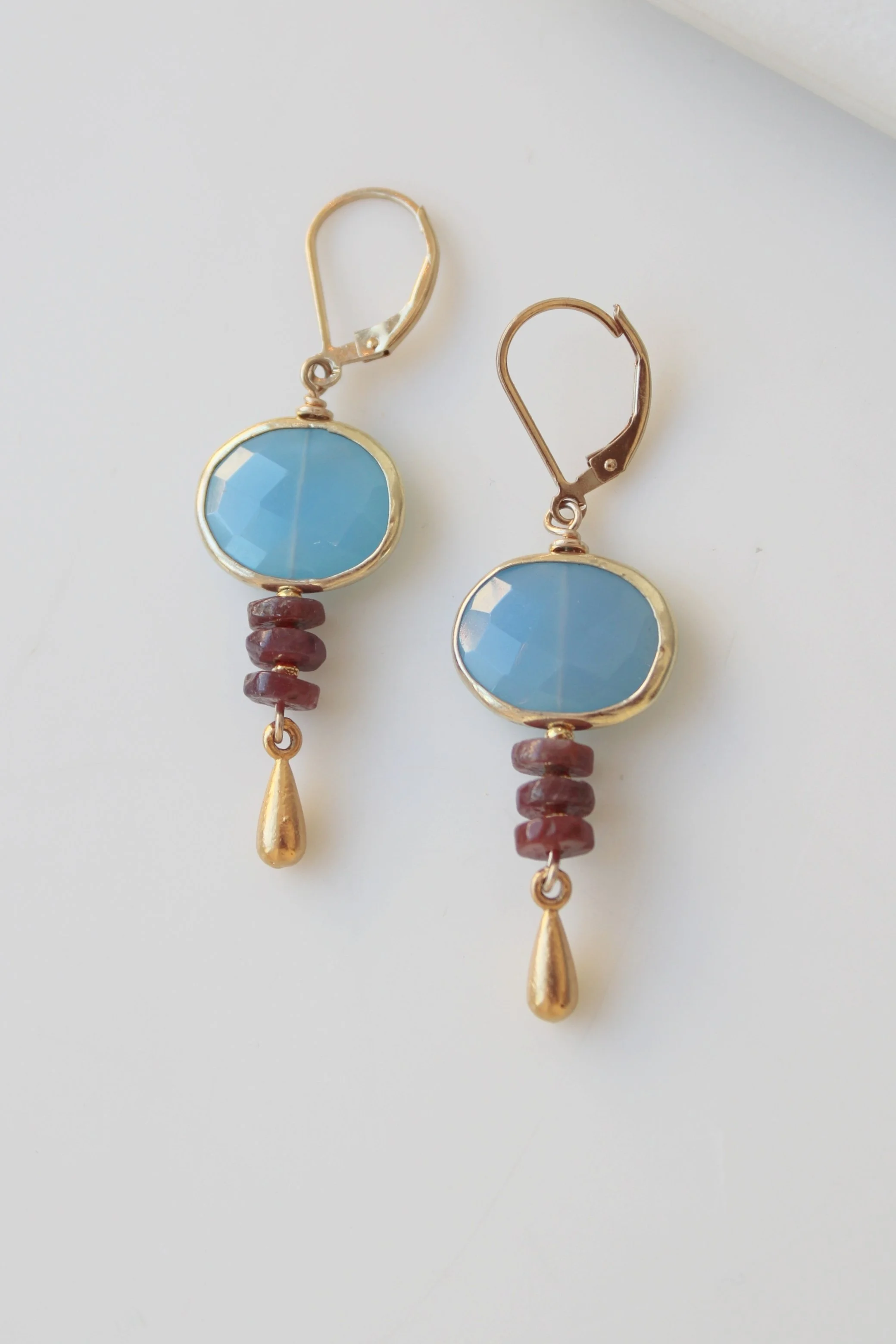 Riverstone Chalcedony and Ruby Golden Drop Earrings