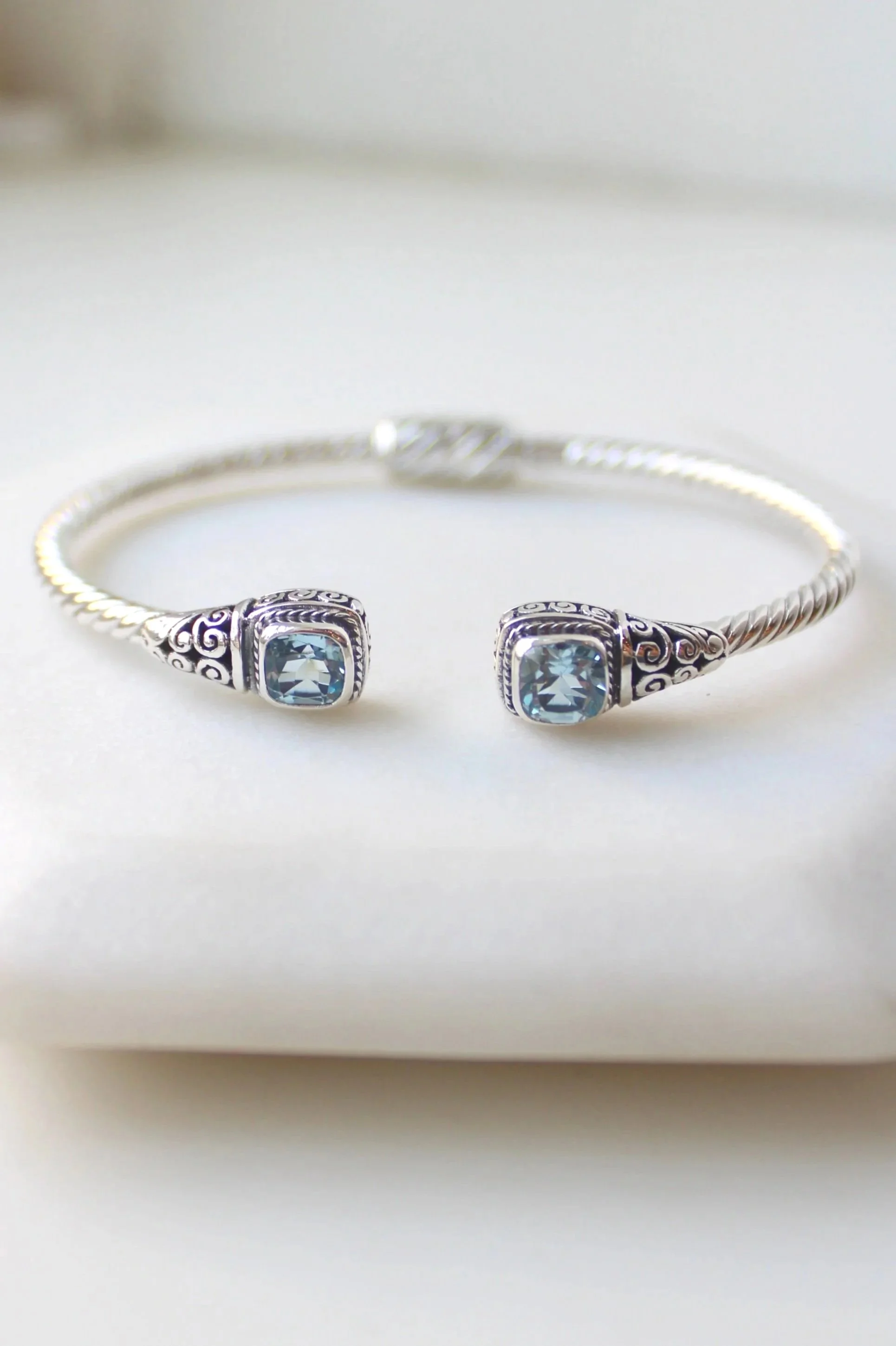 Sterling Silver Blue Topaz Balinese Cable Cuff Bracelet Square