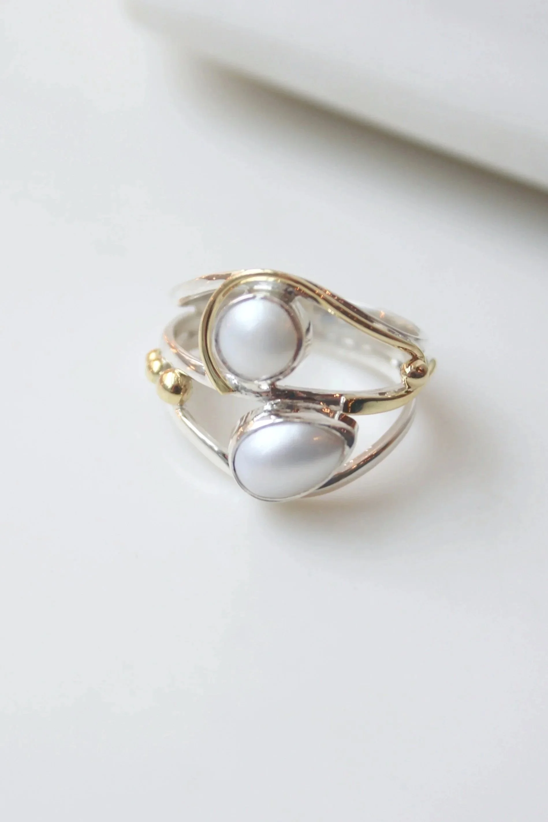 Mixed Metal Double Pearl Ring