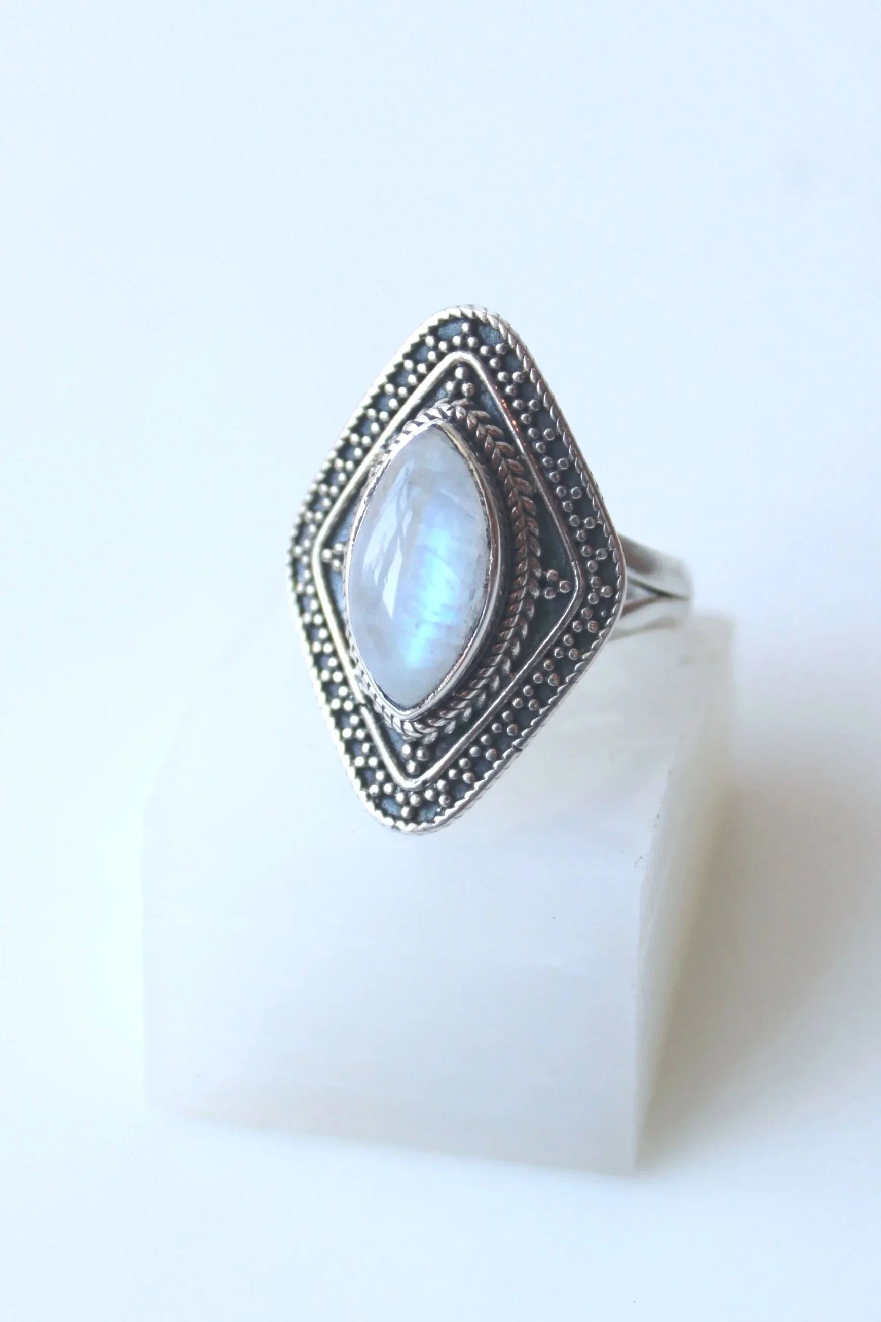 Sterling Silver One Of A Kind Ornate Diamond Rainbow Moonstone Ring
