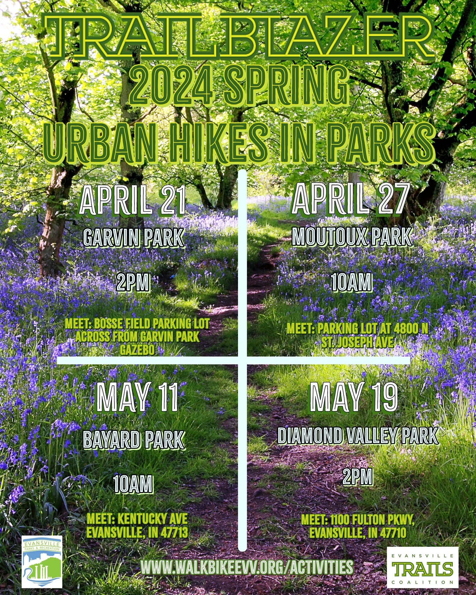 🚶🛤 🏞

More hikes coming at you this Spring! In partnership with Evansville Department of Parks &amp; Recreation, our next round of Urban Hikes will be within our local Parks! 

Interested in leading a hike, contact us at trailscoalition@walkbikevv