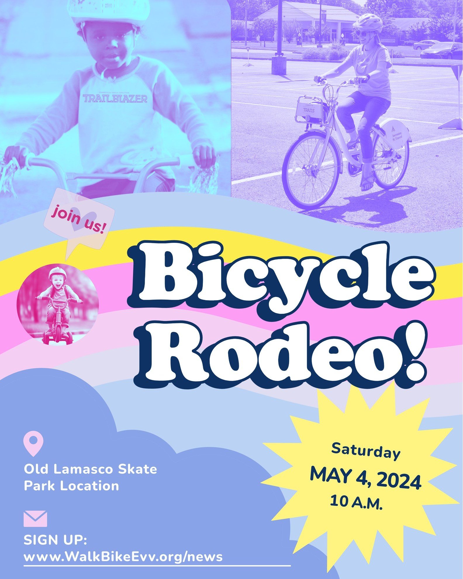 The Evansville Trails Coalition, Evansville Bicycle Club and the Department of Parks and Recreation invite you participate in our 2024 Bicycle Rodeo event, Saturday, May 4, 2024, at 10 a.m.!

Join us for a free Bicycle Rodeo event taking place at the