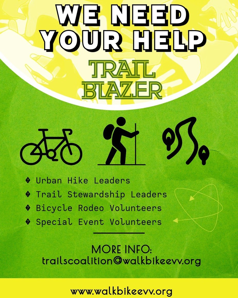 Trailblazers, we need your help! The Evansville Trails Coalition is looking for a variety of volunteers for our upcoming events. We need volunteers for the following:
-Urban Hike Leaders
-Trail Stewardship Leaders
-Bicycle Rodeo Volunteers
-Special E