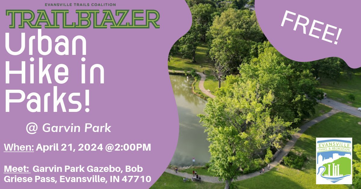 Join us for our first Spring Urban Hike at Garvin Park on Sunday, April 21 at 2:00pm. Hikers will meet at the Garvin Park Gazebo across from Bosse Field Parking lot. 

Information on upcoming hikes or events, visit our website at www.walkbikeevv.org/