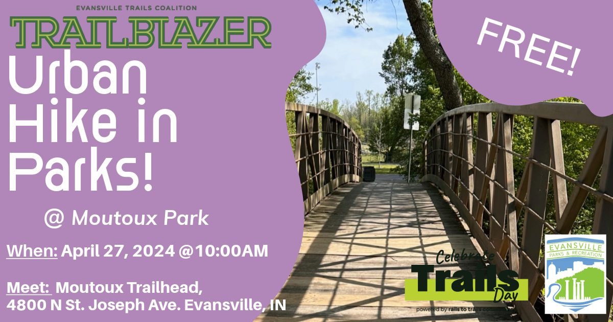 Come &quot;Celebrate Trails Day&quot; with us for our next &quot;Urban Hikes in the Parks&quot; event! We will be at Moutoux Park at 10am, hikers should meet at the trailhead. This is a natural trail, so hiking shoes, or tennis shoes are highly encou