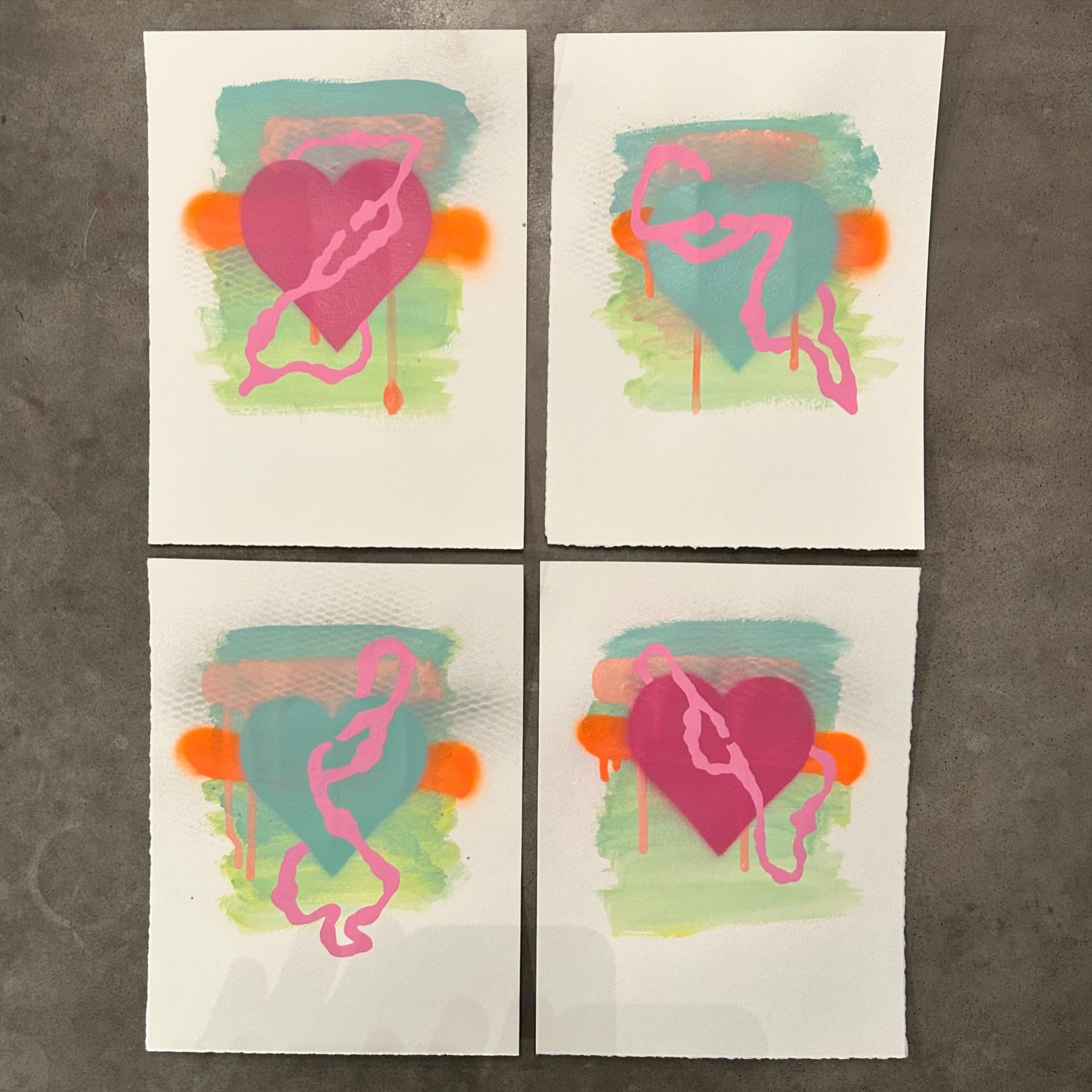 More progress tonight on the &ldquo;100 HEARTS PROJECT&rdquo; Numbers 21-24 in the works. Stay tuned! Acrylic and spray paint on Canson 90lb watercolor paper - 7.5&rdquo; x 10&rdquo; #art #instart #contemporaryart #contemporyartist #chicagoartist #sa
