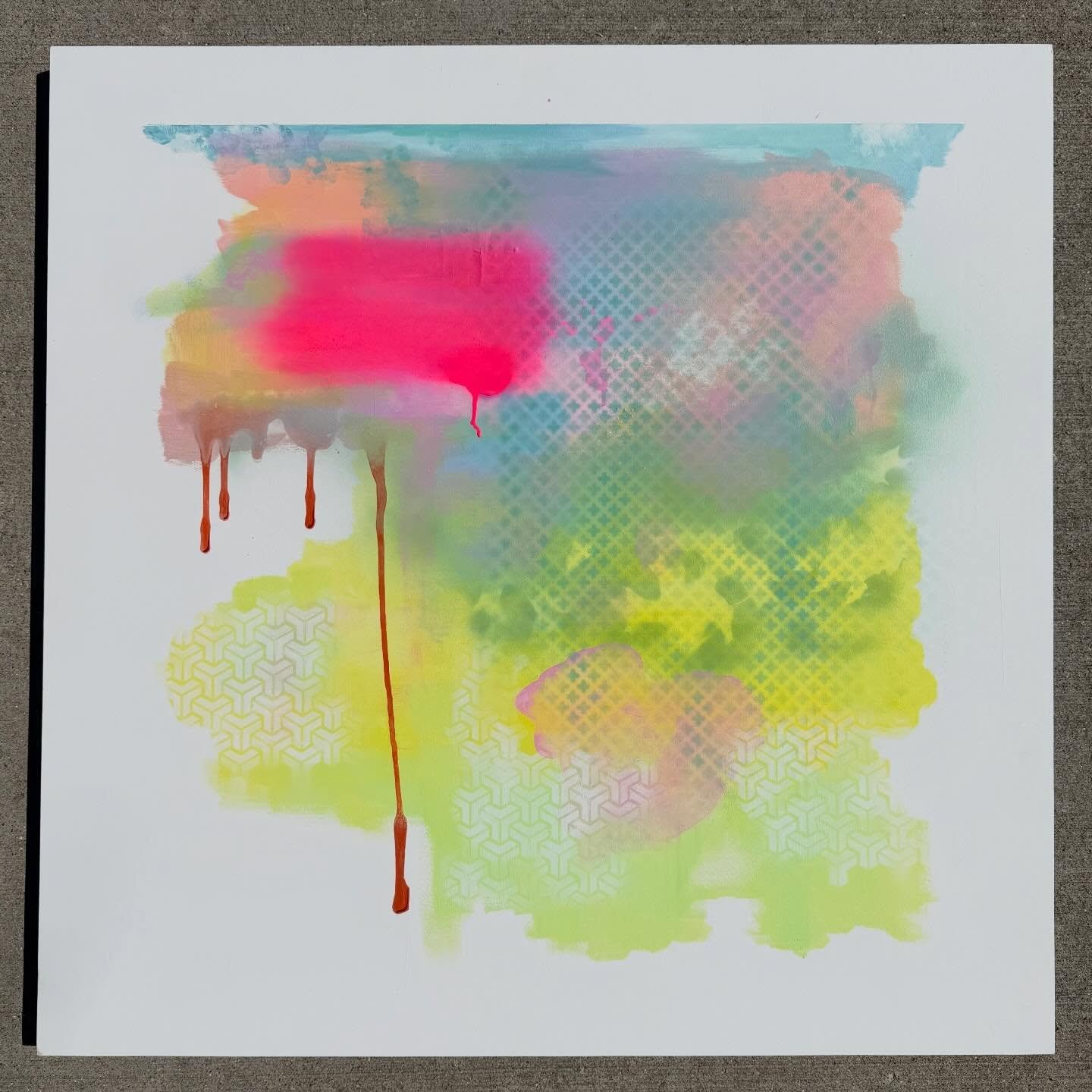 More progress on my latest commission on a 3 foot by 3 foot cradled pine panel. Acrylic and spray paint so far. Stay tuned for more!