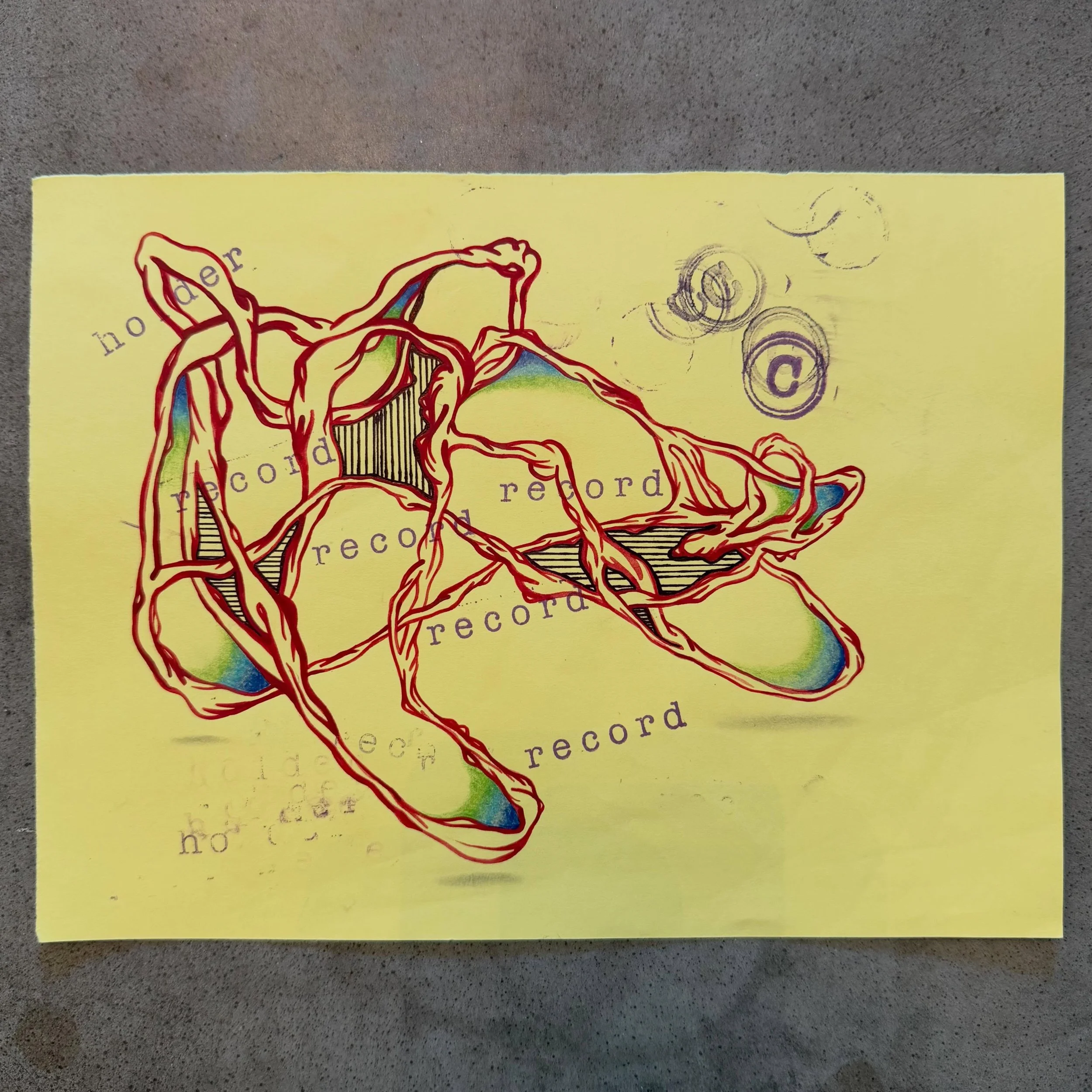 Available for purchase. &ldquo;Record Holder&rdquo; Ink, acrylic and color pencil on 9.5&rdquo; x 7&rdquo; yellow card stock.