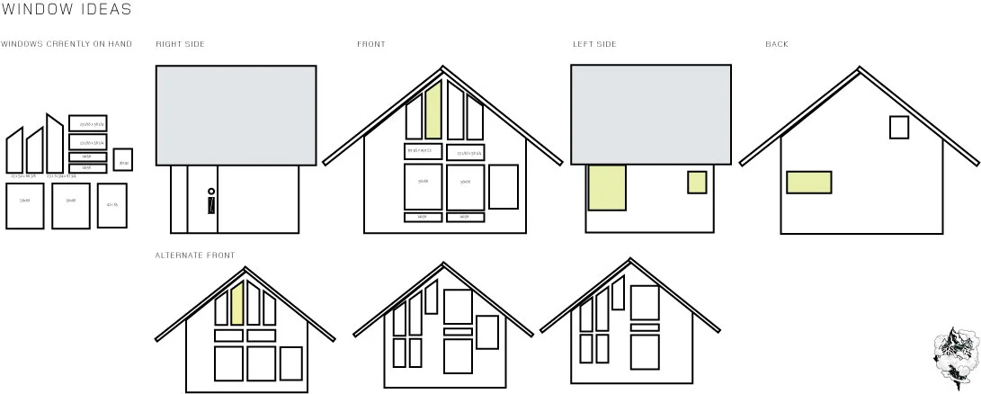 This seems like the best layout - preserving the corner 'fish bowl' and having a really expansive view out. In the end, as seen below, the layout of windows is different layout due to one of my peak windows too large. After getting stuck trying to figure out how to maximize the view, I had a couple of smaller windows custom made to capture the seven peaks that surround the cabin, most notably Billy Mitchell, directly off the bow. 