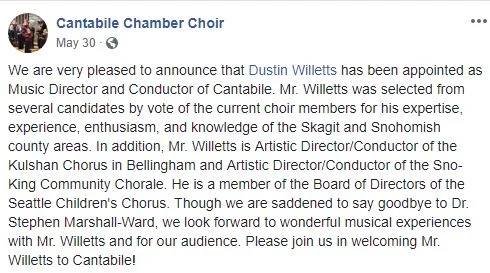 Cantabile Chamber Choir Selects New Artistic Director