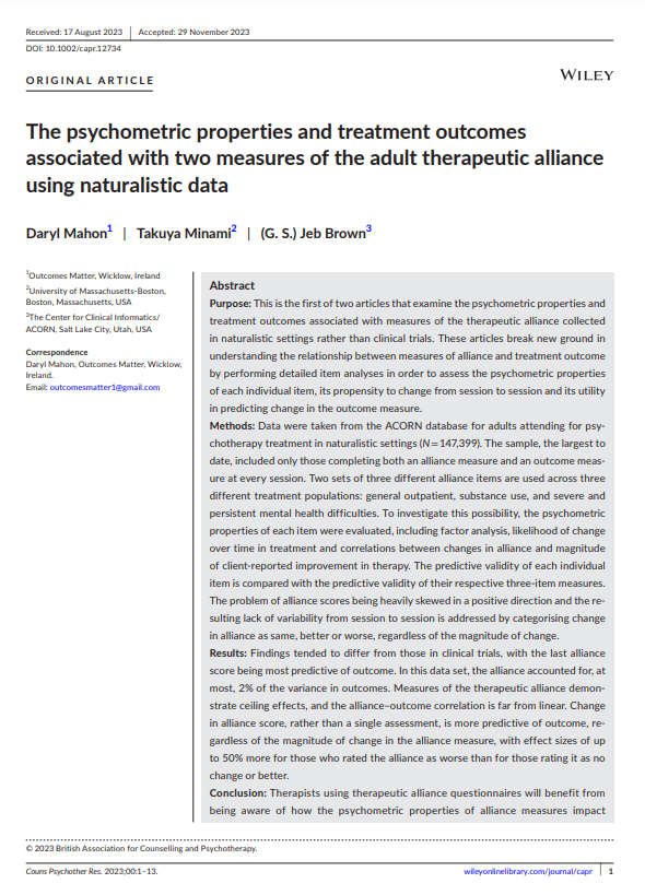 The psychometric properties and treatment outcomes associated with two measures of the adult therapeutic alliance using naturalistic data