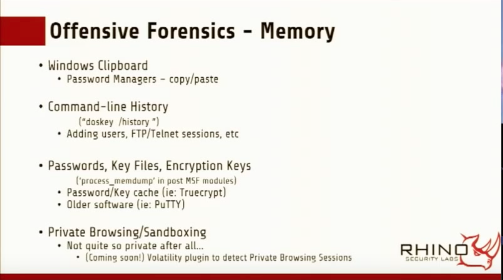 A few of the artifacts one can acquire form an memory acquisition. (Slide by Benjamin Caudill)