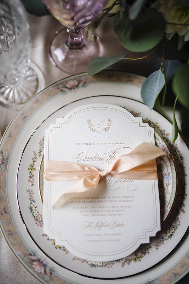  Grace Starr Photography  The Savannah invitations&nbsp; from my Semi-Custom Collection were a great fit for this shoot.&nbsp; The perfect amount of glam and vintage with the gold text and die cut invitation tied together with a pale peach silk ribbo