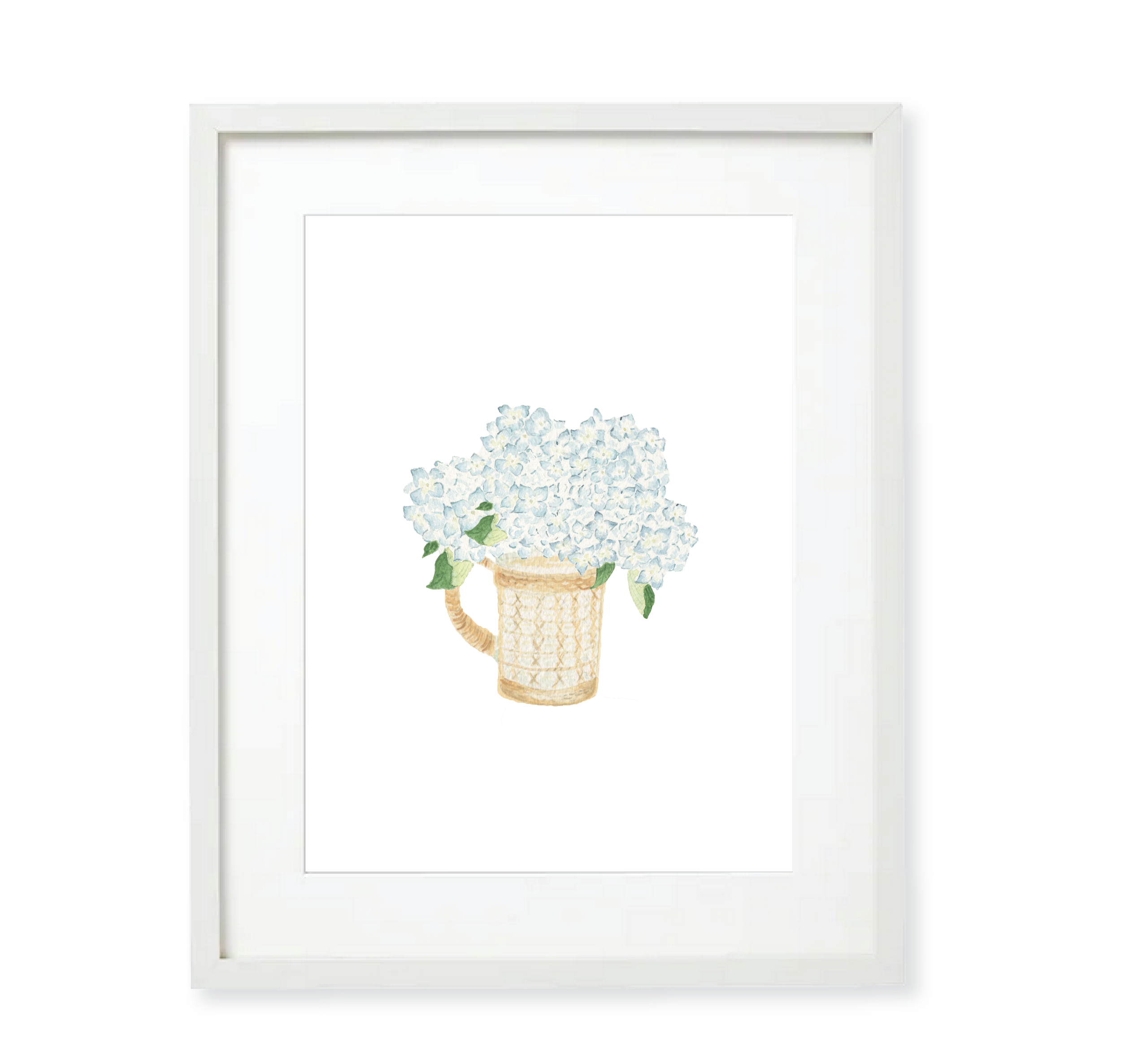 Hydrangea Filled Seagrass Pitcher Watercolor Art Print