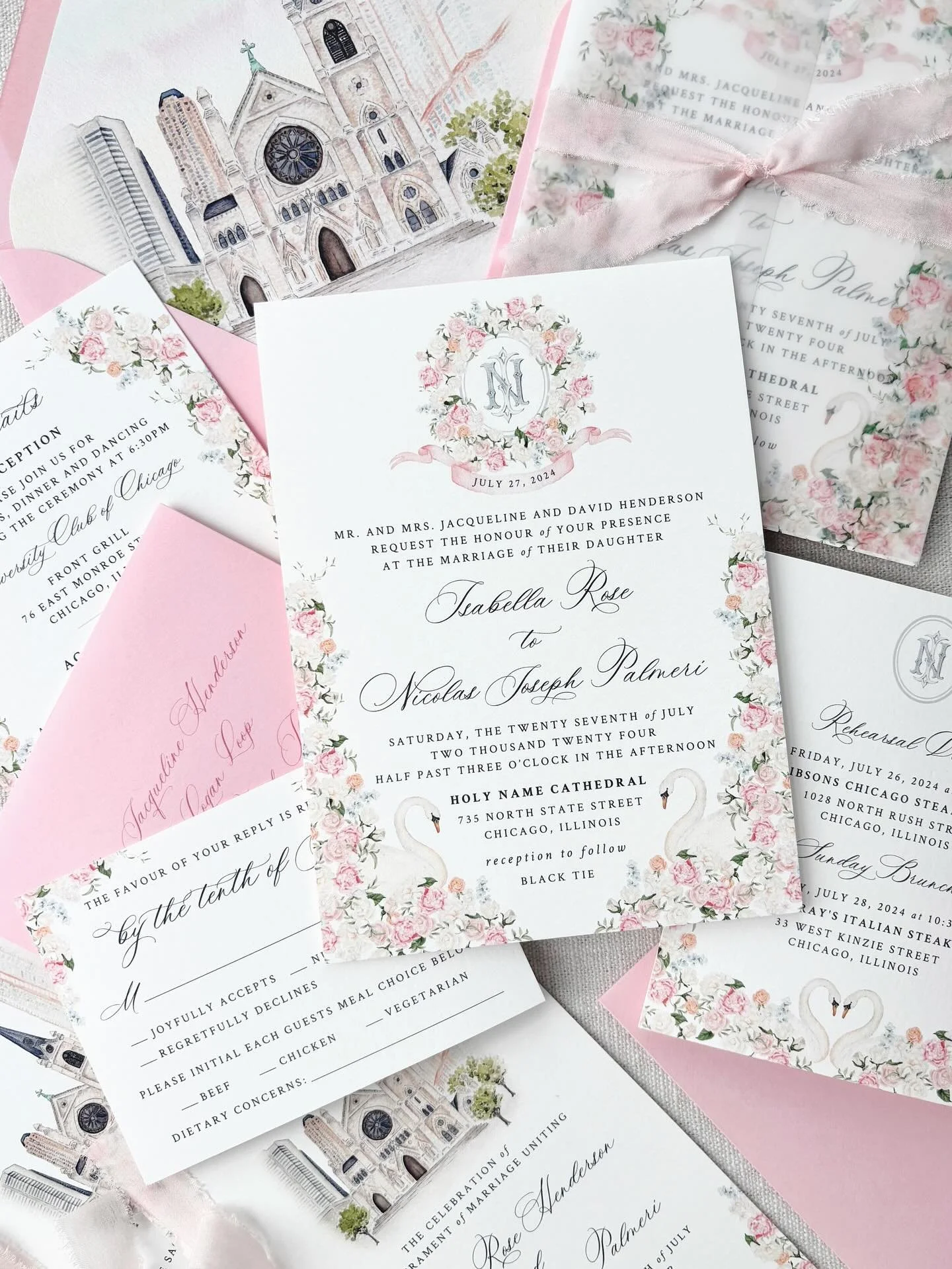 Vibrant pinks and delicate florals set the stage for Isabella &amp; Nicolas&rsquo; day. A timeless suite with a hint of Swan Lake elegance.