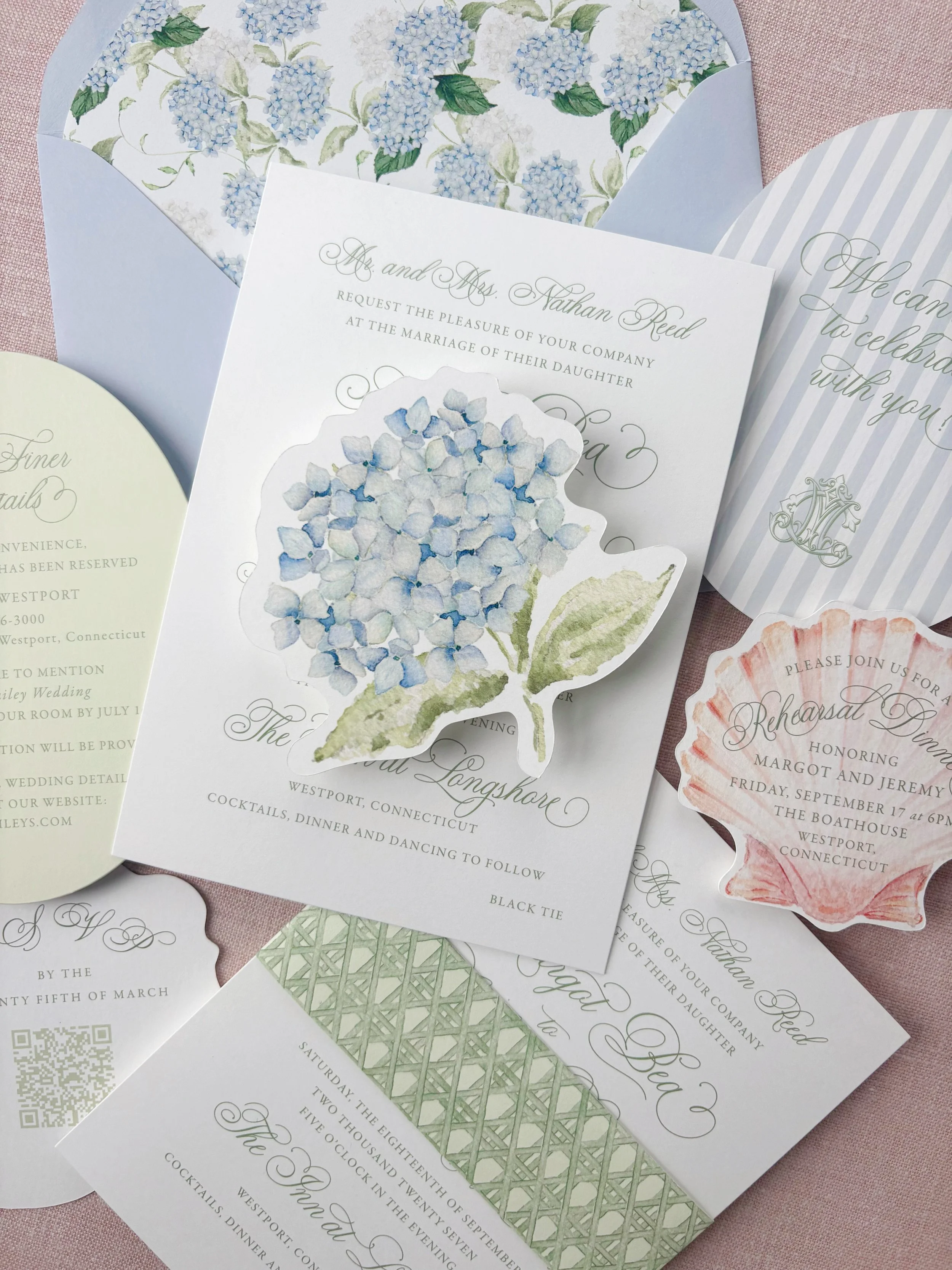 Coastal Watercolor Wedding Invitation Suite with Blue Hydrangea rsvp card