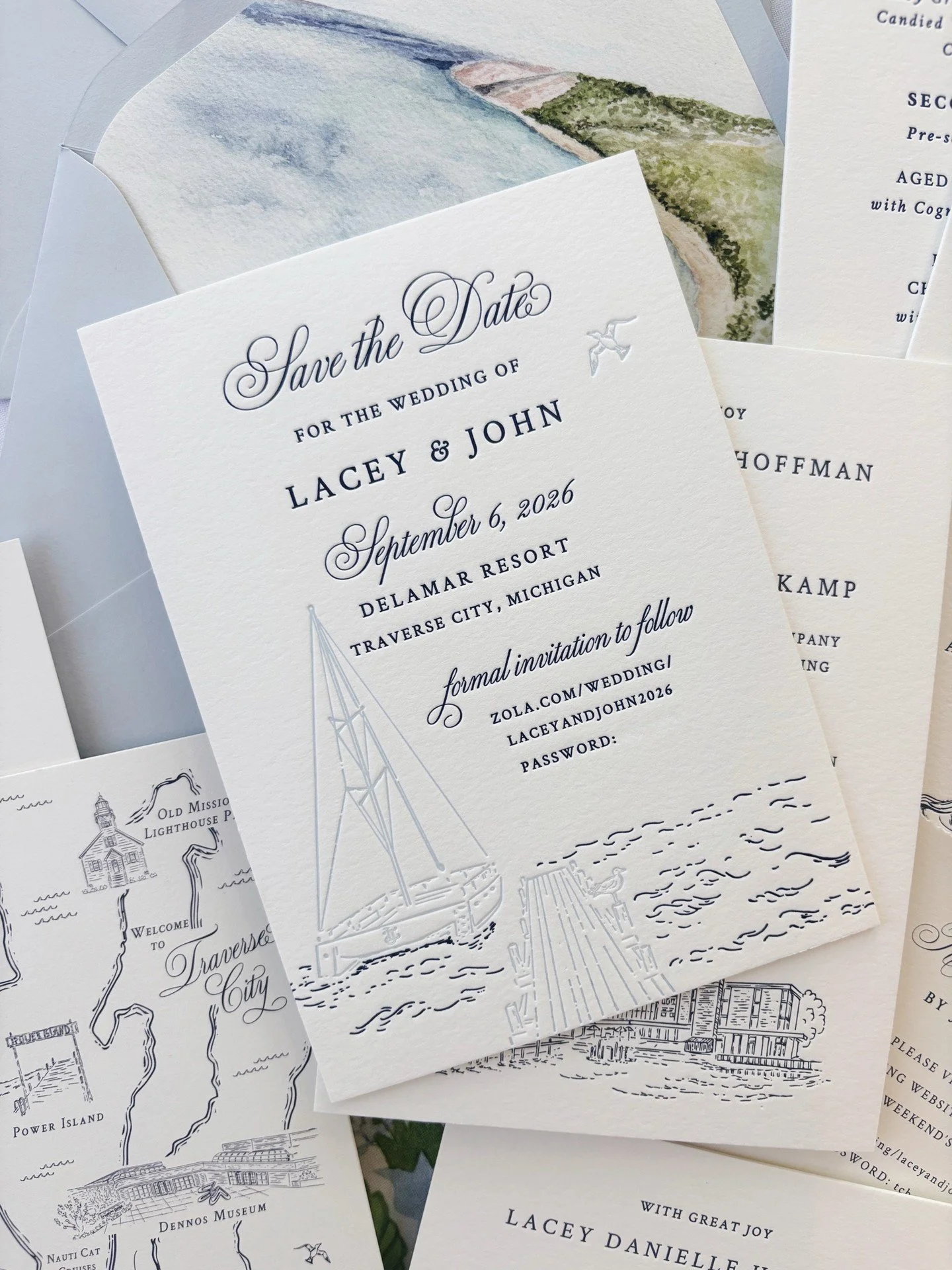 A custom save the date for Lacey &amp; John 🌊 featuring a hand-illustrated sailboat, dock and the cutest little seagulls, letterpressed to perfection. Setting the tone just right.

#customweddingstationery #watercolorweddinginvitations #letterpressw