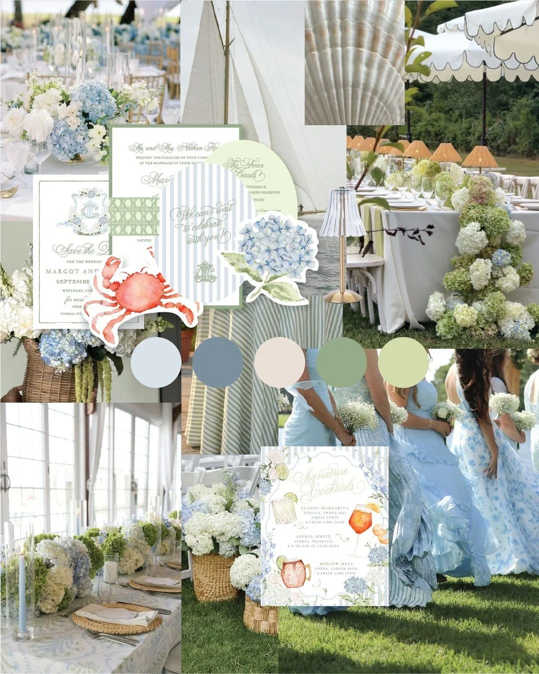 Pulling together all my favorite summer wedding moments in one board 💙💚 Stripes, hydrangeas, salty breezes &mdash; and right in the middle of it, a sneak peek at a new semi-custom suite.  The option of a die-cut crab and die-cut hydrangea card, c&r