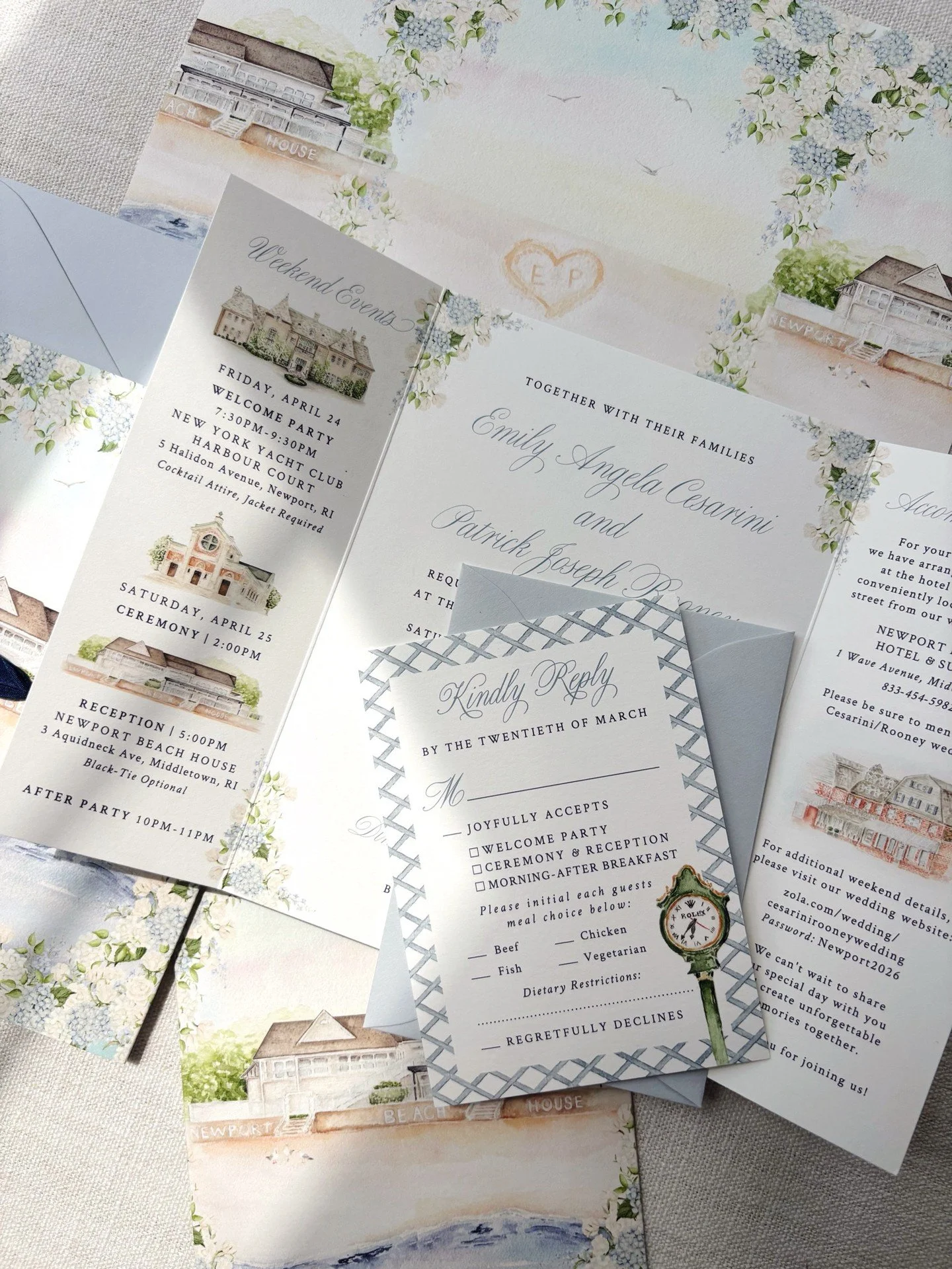 The sweetest details from Emily &amp; Patrick&rsquo;s Rhode Island wedding ☀️ From the venue illustrations and nautical Rolex clock to the florals and coastal touches throughout.

Rhode Island wedding &middot; custom watercolor wedding invitations &m