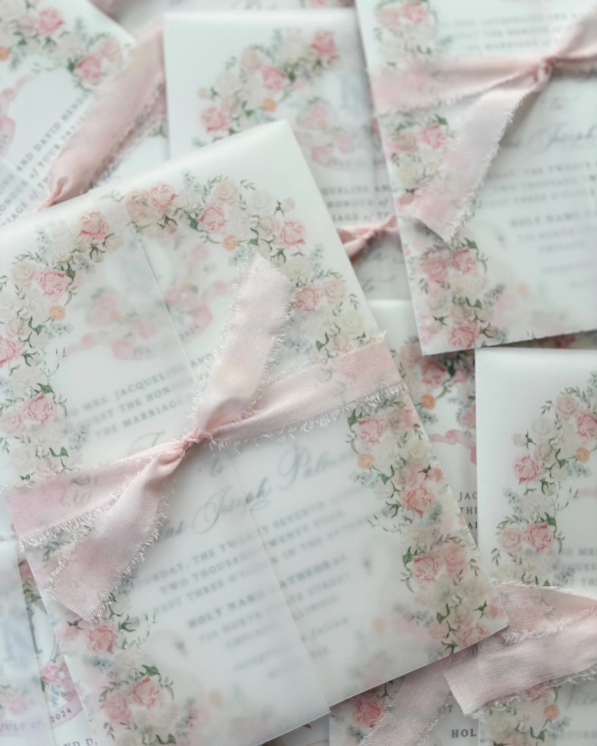 Pink and White Watercolor Floral Arch Vellum wrap with pink silk ribbon
