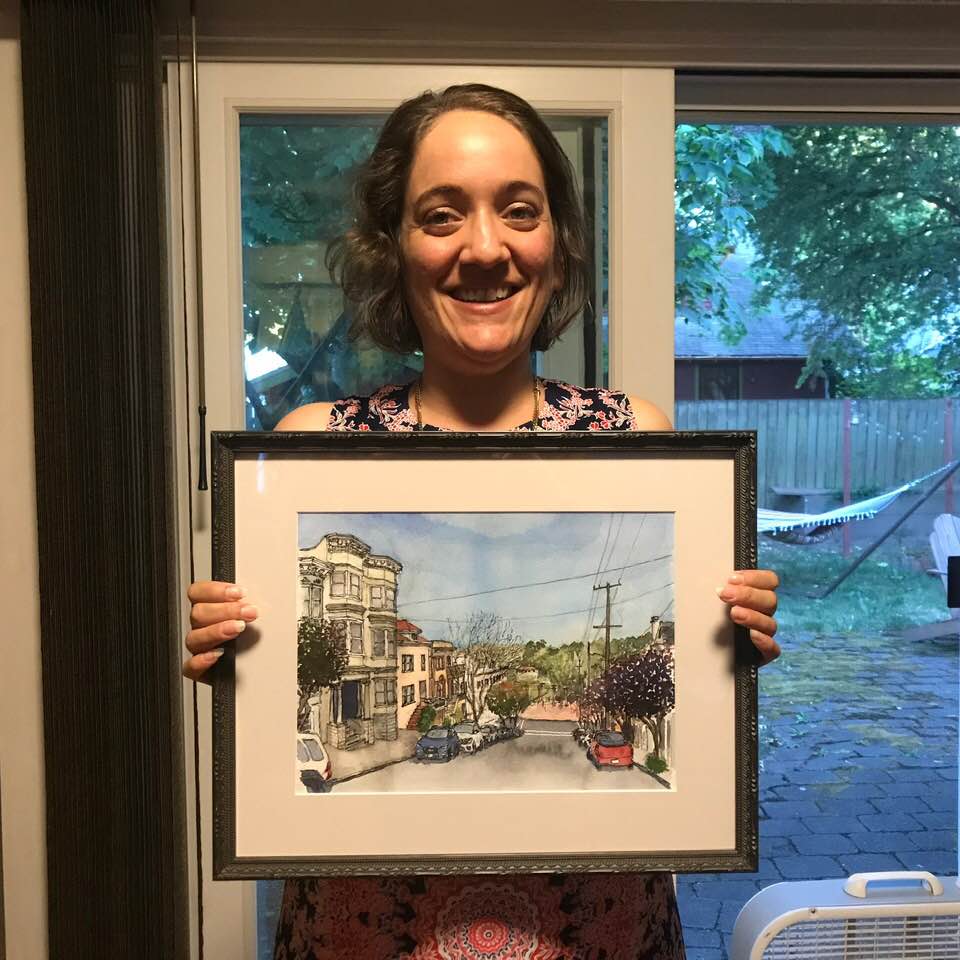 Andrew just surprised Valerie with my sketch of her old home near Kezar Stadium