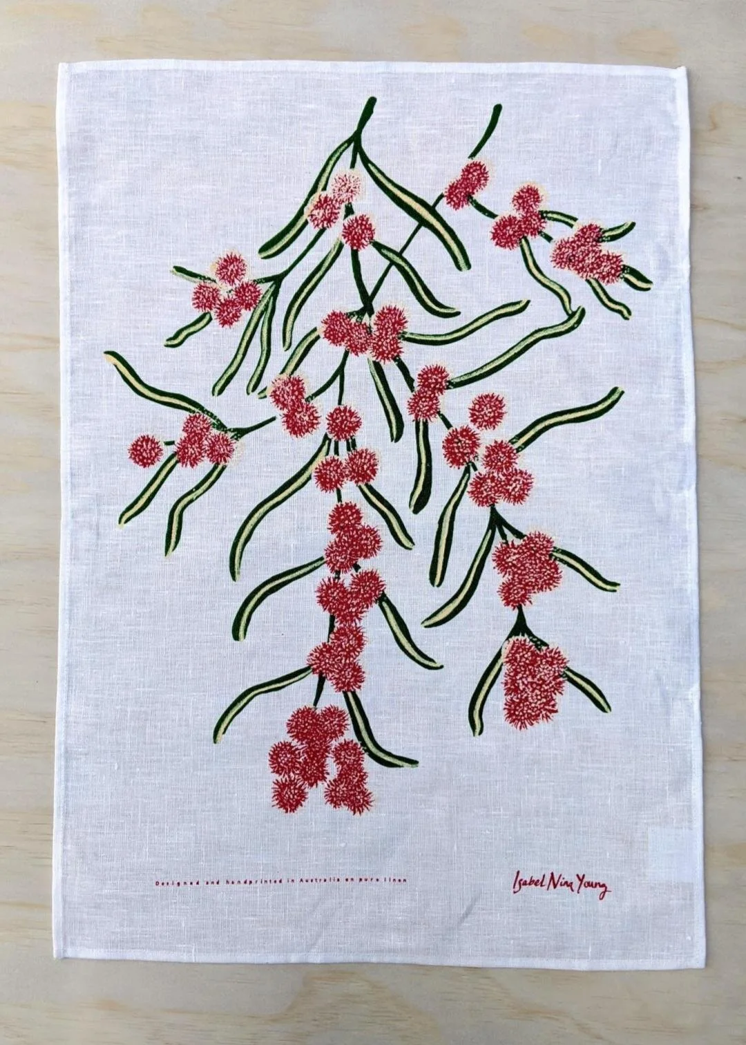 Rare Cinnamon Wattle- White Linen Tea Towel