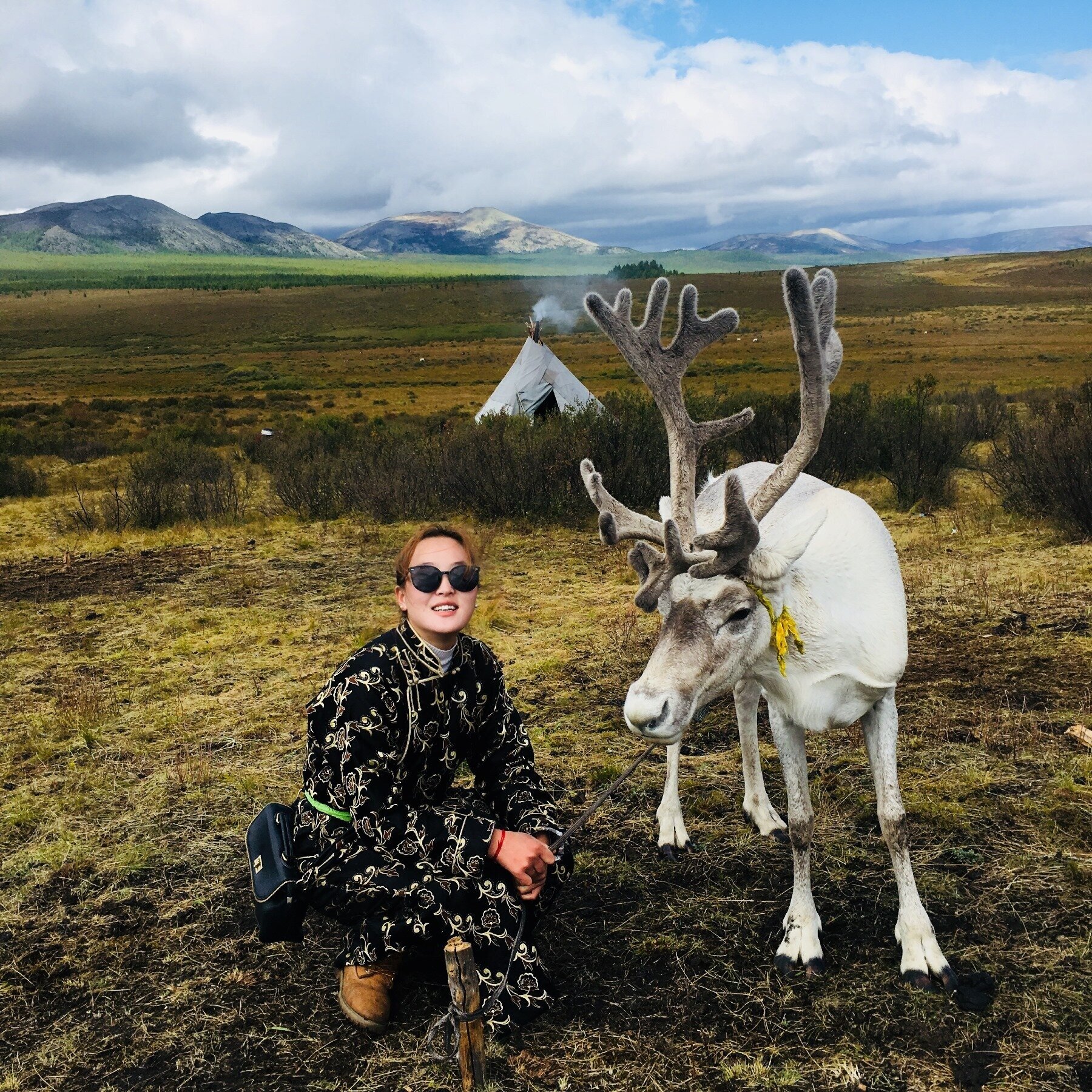 A project participant gets to know a reindeer while researching high elevation adaptations and strategies