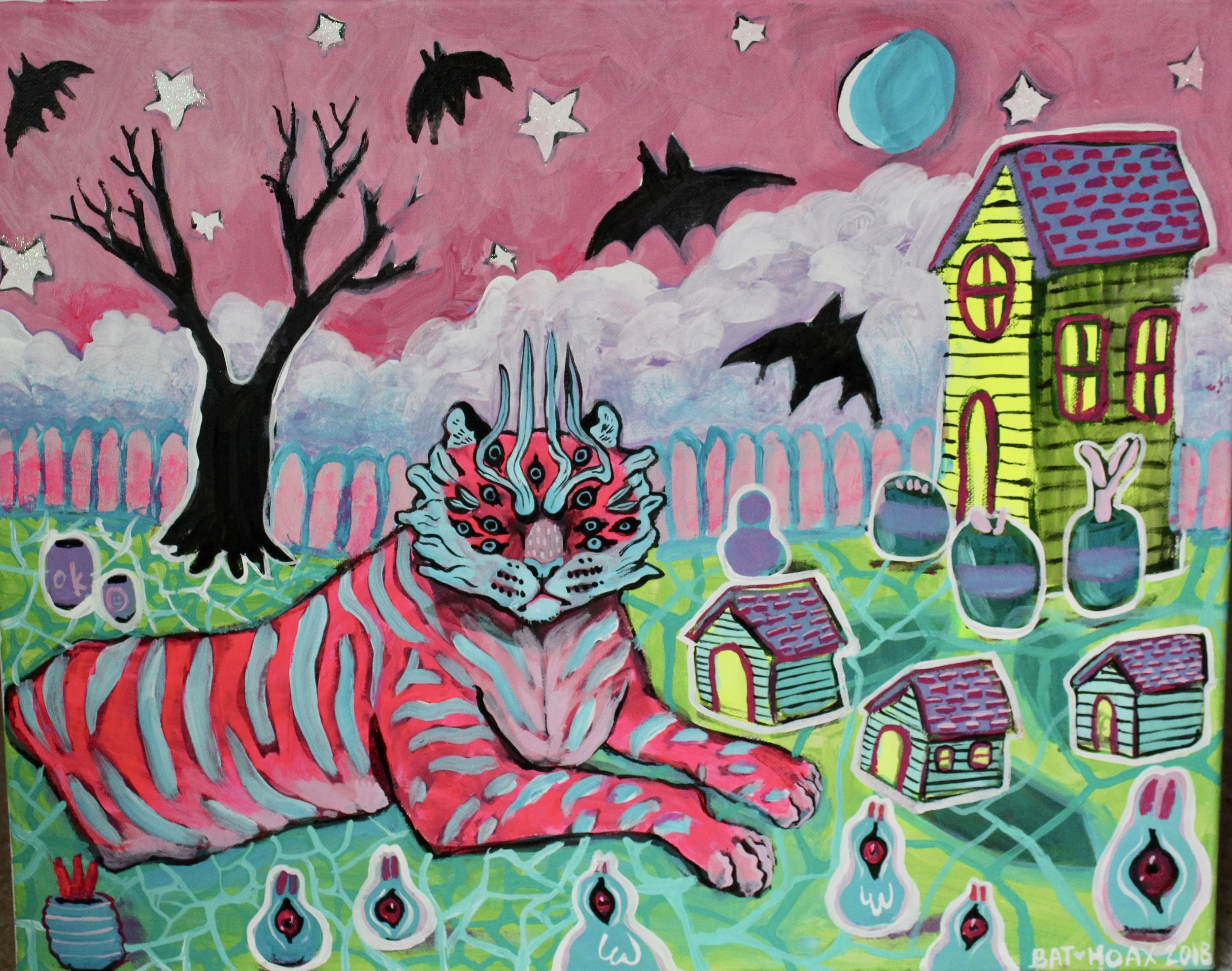 Horned Pink Tiger and Houses