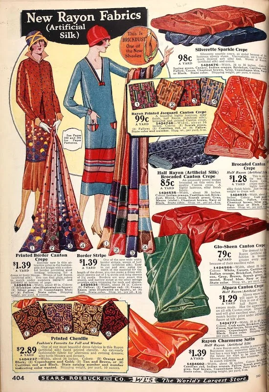 A page of “New Rayon Fabrics” in a 1925 Sears catalgoue noting the change of name from Artificial Silk
