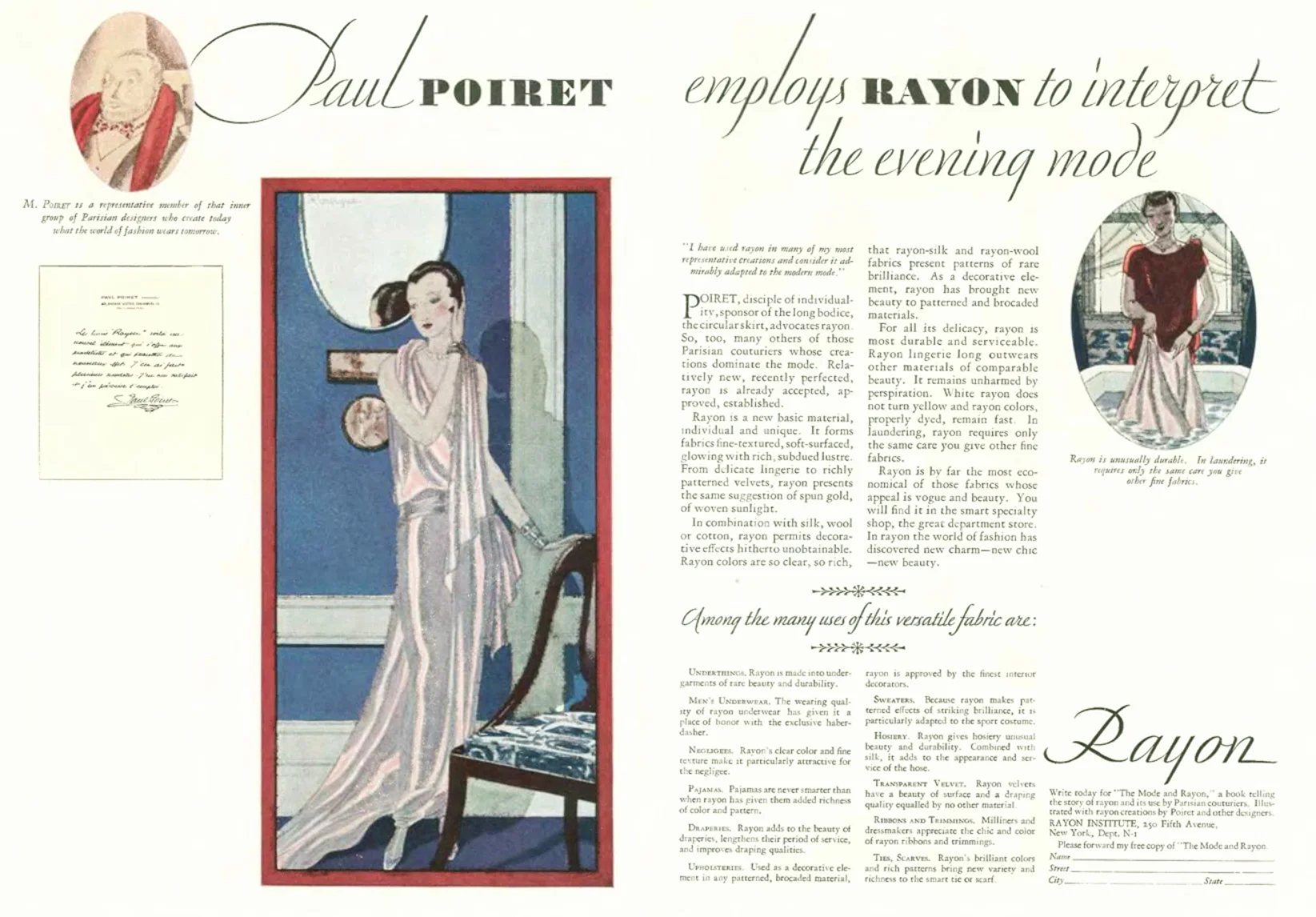 “Paul Poiret employs Rayon to interpret the evening mode” advert in The New Yorker, 1928 offering readers a free copy of “The Mode and Rayon” booklet.