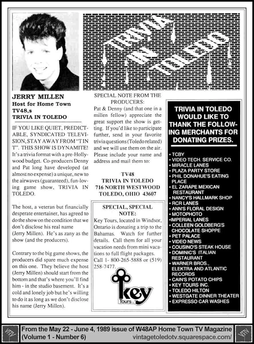 Trivia in Toledo sponsors (Jerry Millen) 5/22/89