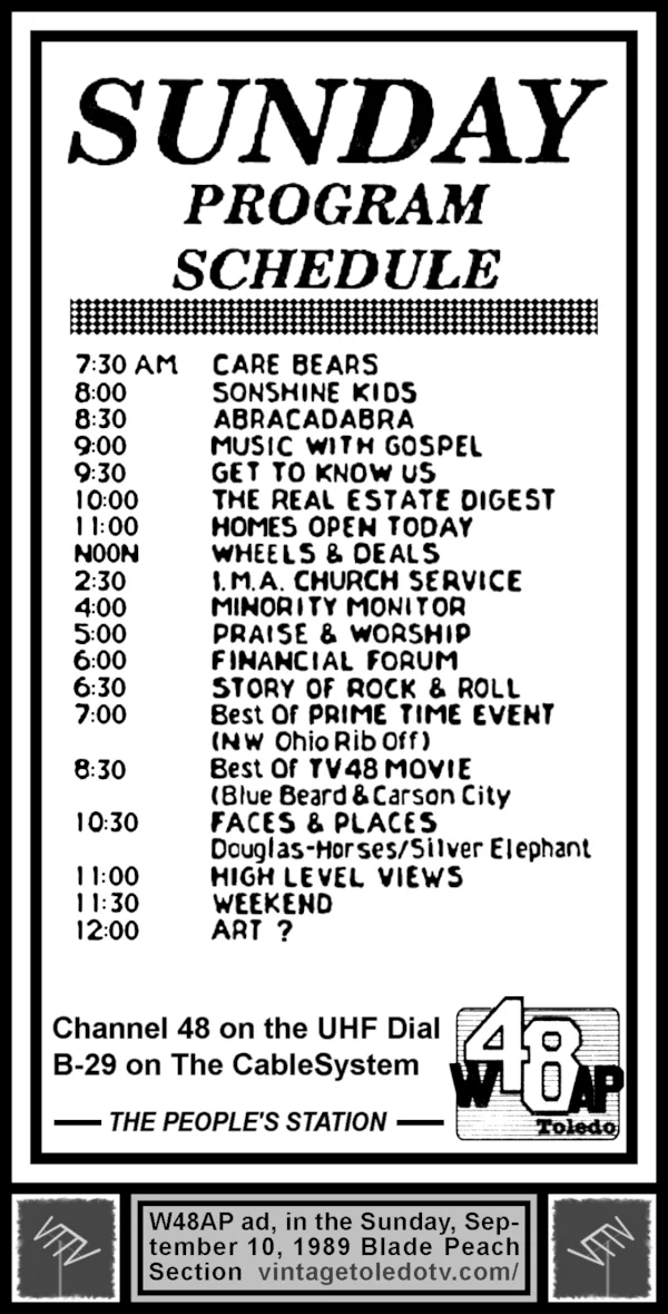 W48AP Sunday Program Schedule (Sun 9/10/89 TV Tab ad)