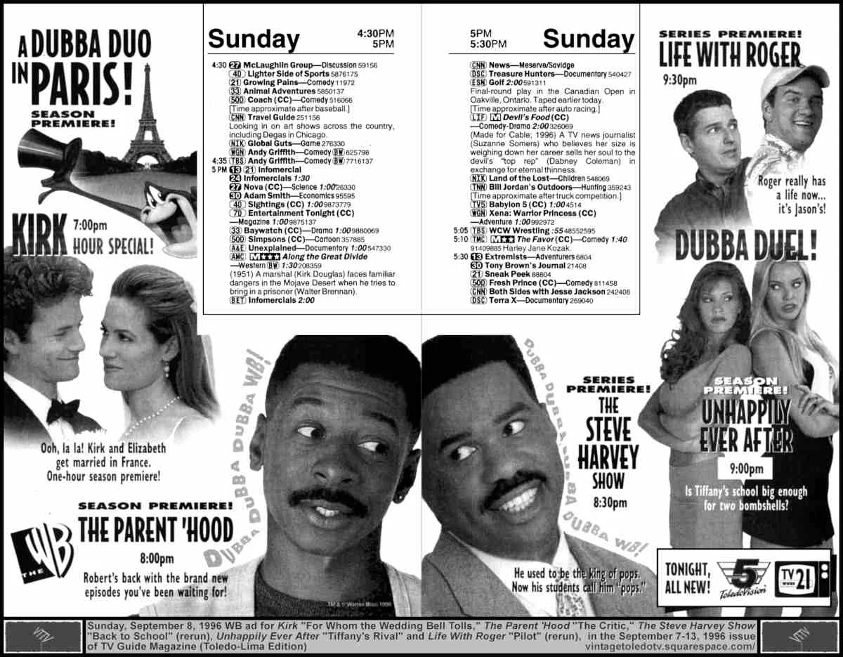 WB Sunday Night Shows (9/8/96 ad on 2 pages)