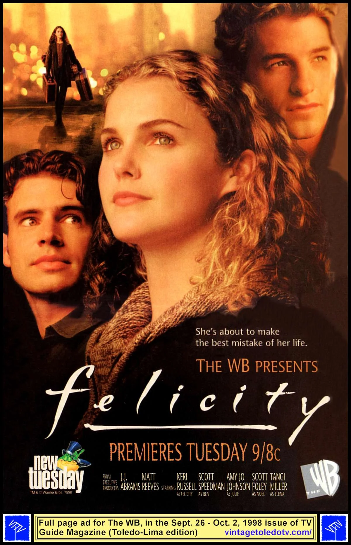 Felecity premieres Tuuesday (9/26-10/2/98 TV Guide full-page color ad)