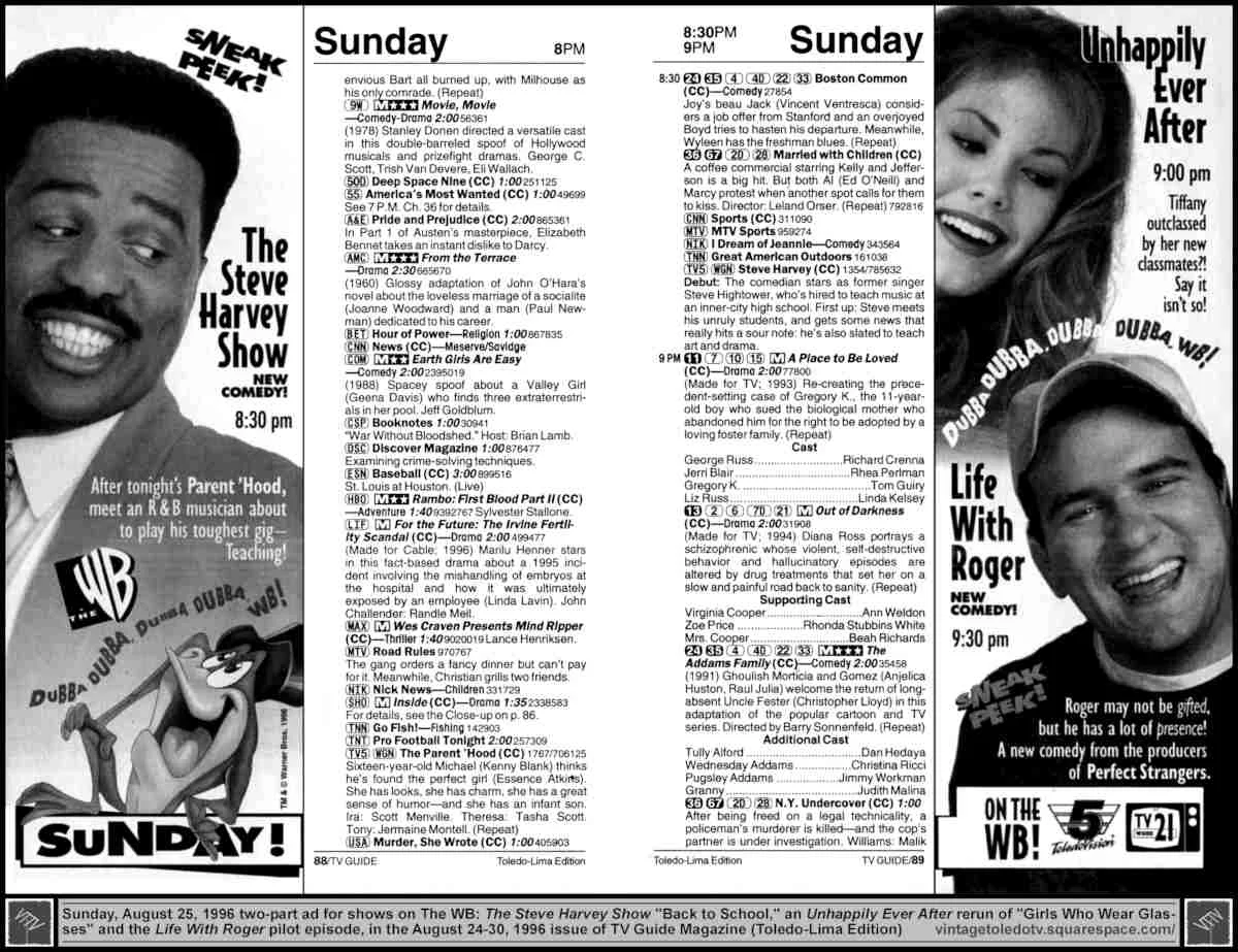 The WB Sunday Night Shows (8/25/96 2-part ad)