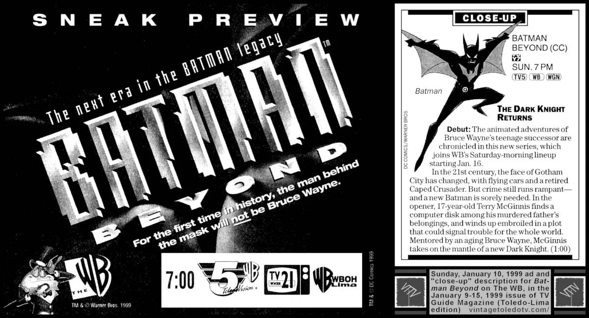 Sneak preview of Batman Beyond "Rebirth" (Sun 1/10/99 TV Guide ad/close-up)
