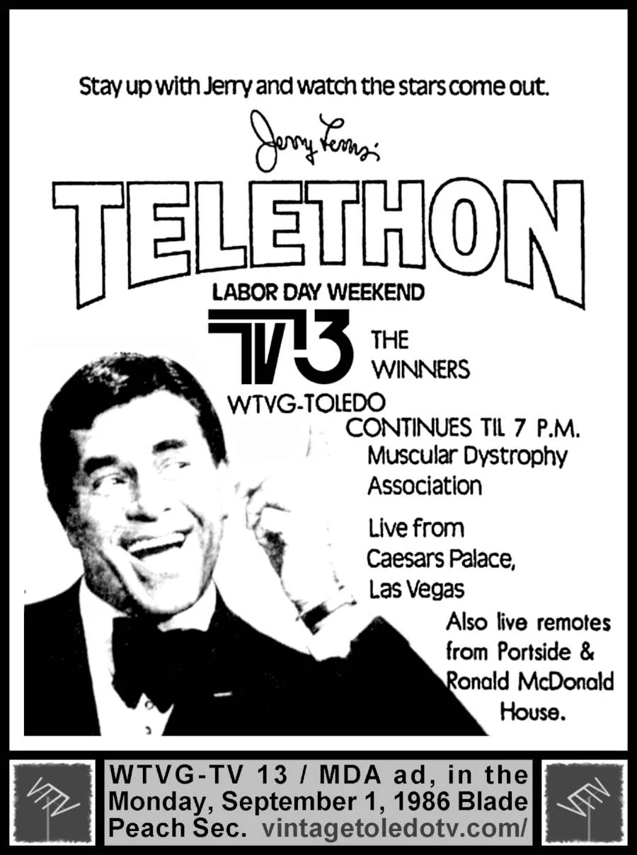 1986 Jerry Lewis MDA Telethon on WTVG-TV 13 (Mon 9/1/86 ad)