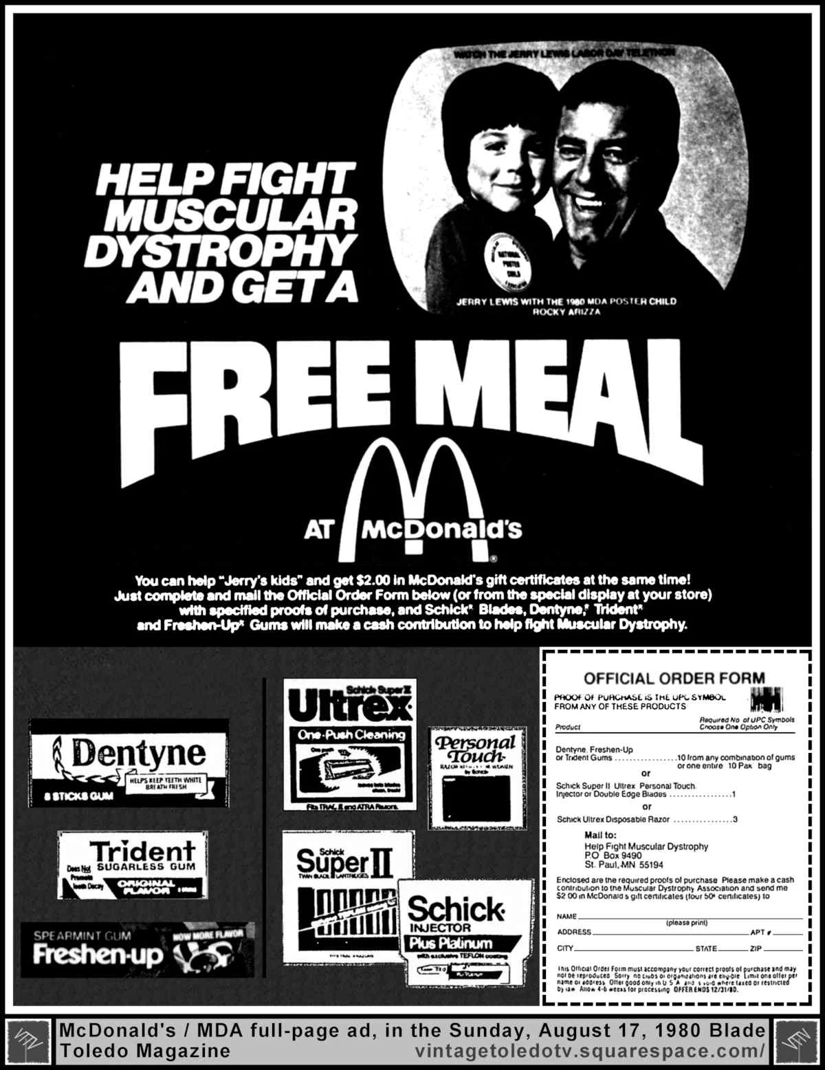 McDonald's/Trident/Schick MDA promotion (Sun 8/17/80 Toledo Magazine ad)